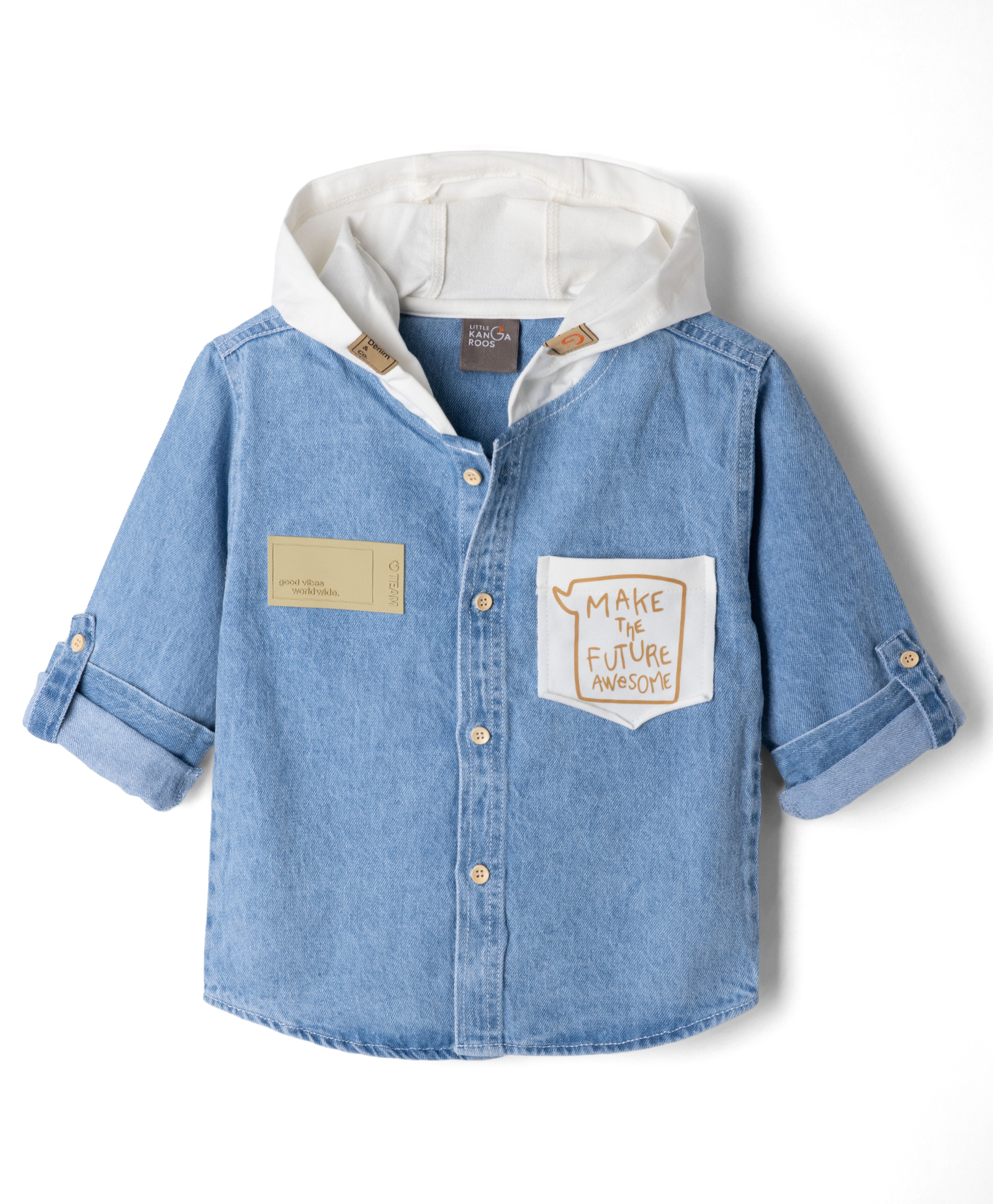 Little Kangaroos Cotton Woven Hooded Shirt with Full Sleeves and Make The Future Awesome Print in Light/Sky Blue for 8-9 Years-image-1