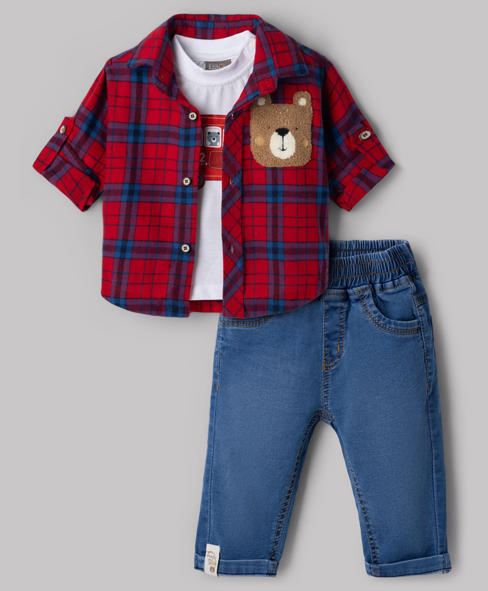 Little Kangaroos Cotton Woven Full Sleeves Checkered Shirt,T-Shirt & Jeans with Bear Applique - Red-picture-27