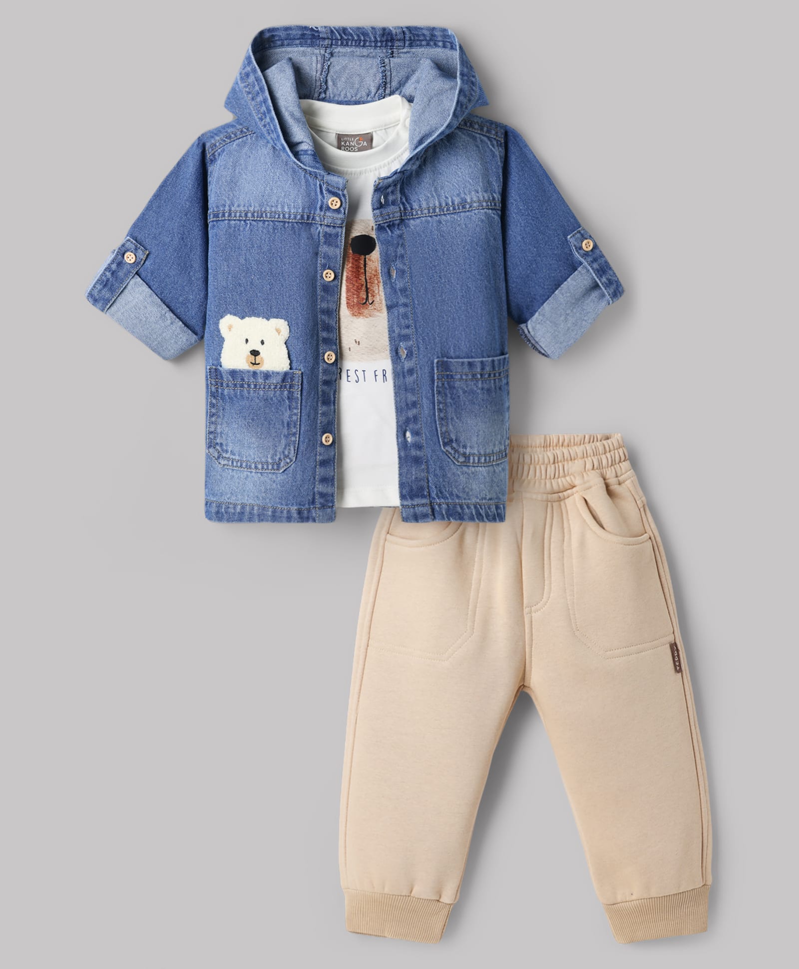 Little Kangaroos Knit Bear Printed T-Shirt & Joggers Set with Hooded Bear Embroidered Denim Shirt - Light Blue-image-48