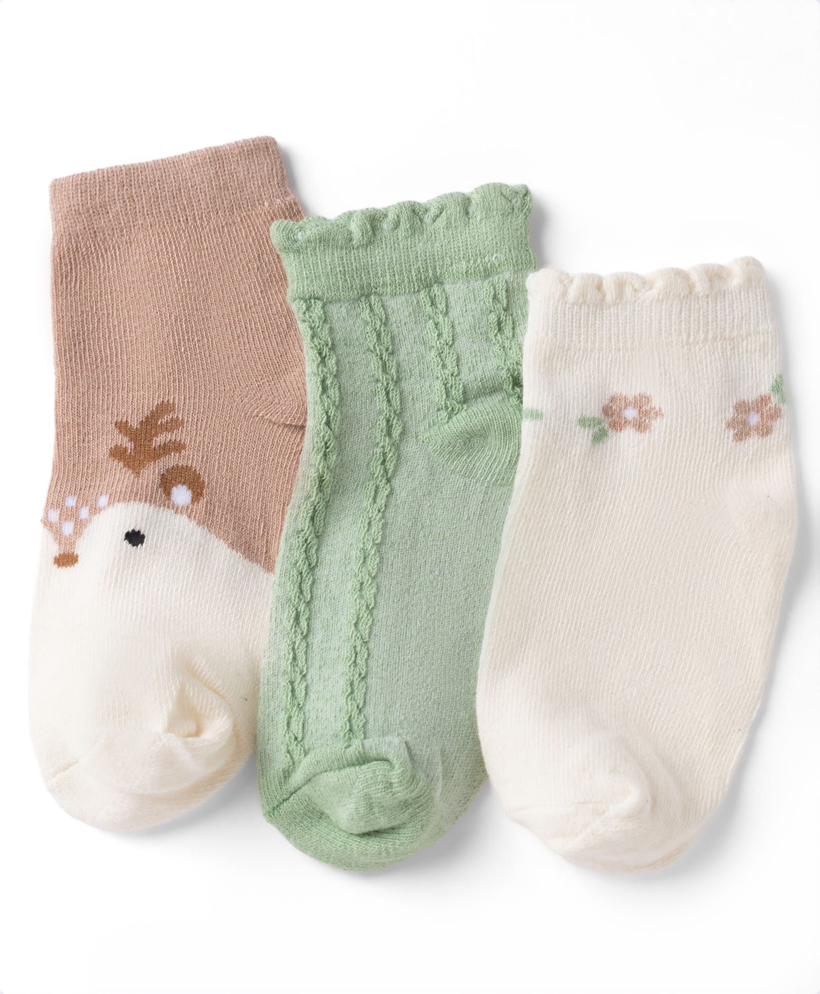 Cute Walk By Babyhug Poly Blends Knit Anti Bacterial Ankle Length Embroided Socks With Flower Design Pack of 3 - Sea Green, Light Peach & Off White-image-30