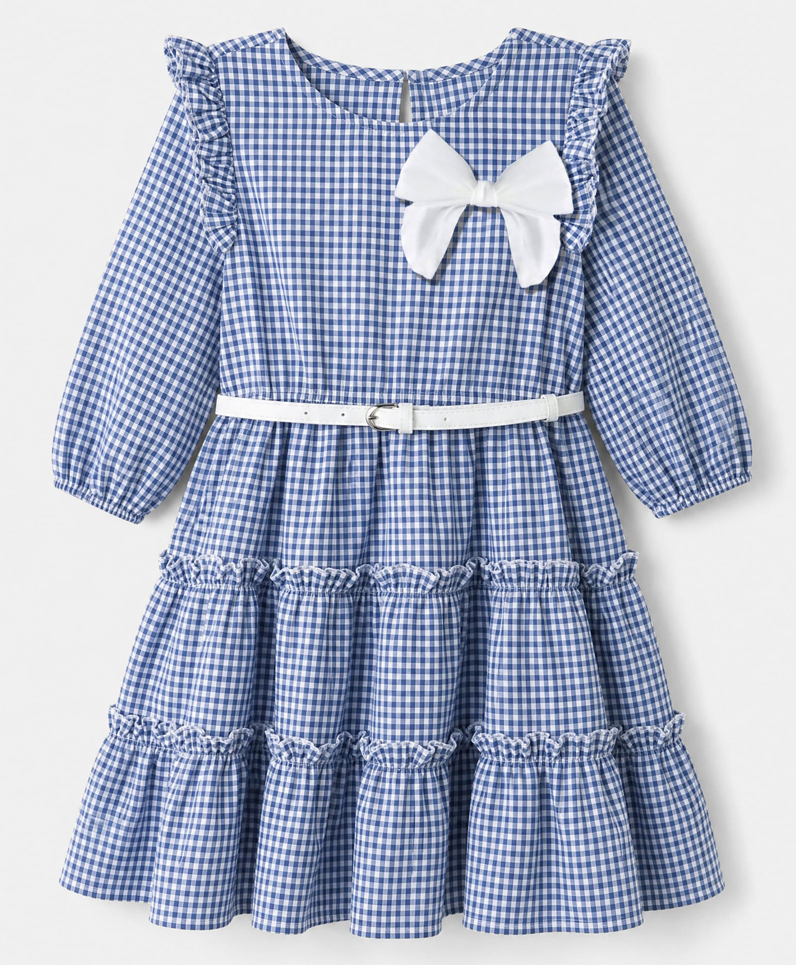 Hola Bonita Cotton Woven Dress and Belt with Full Sleeves and Checked Pattern in Blue for 5-6 Years-picture-15