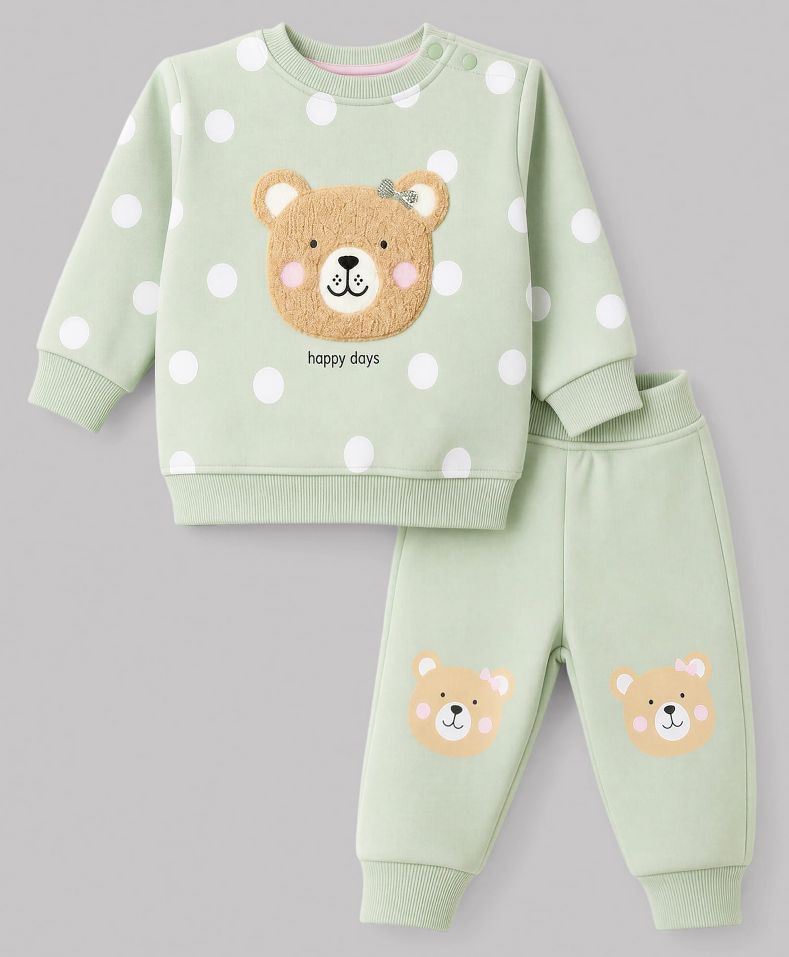 Little Kangaroos Fleece Knit Full Sleeves Winter Wear Suits With Teddy Bear Embroidery & Polka Dot - Light Green-picture-23