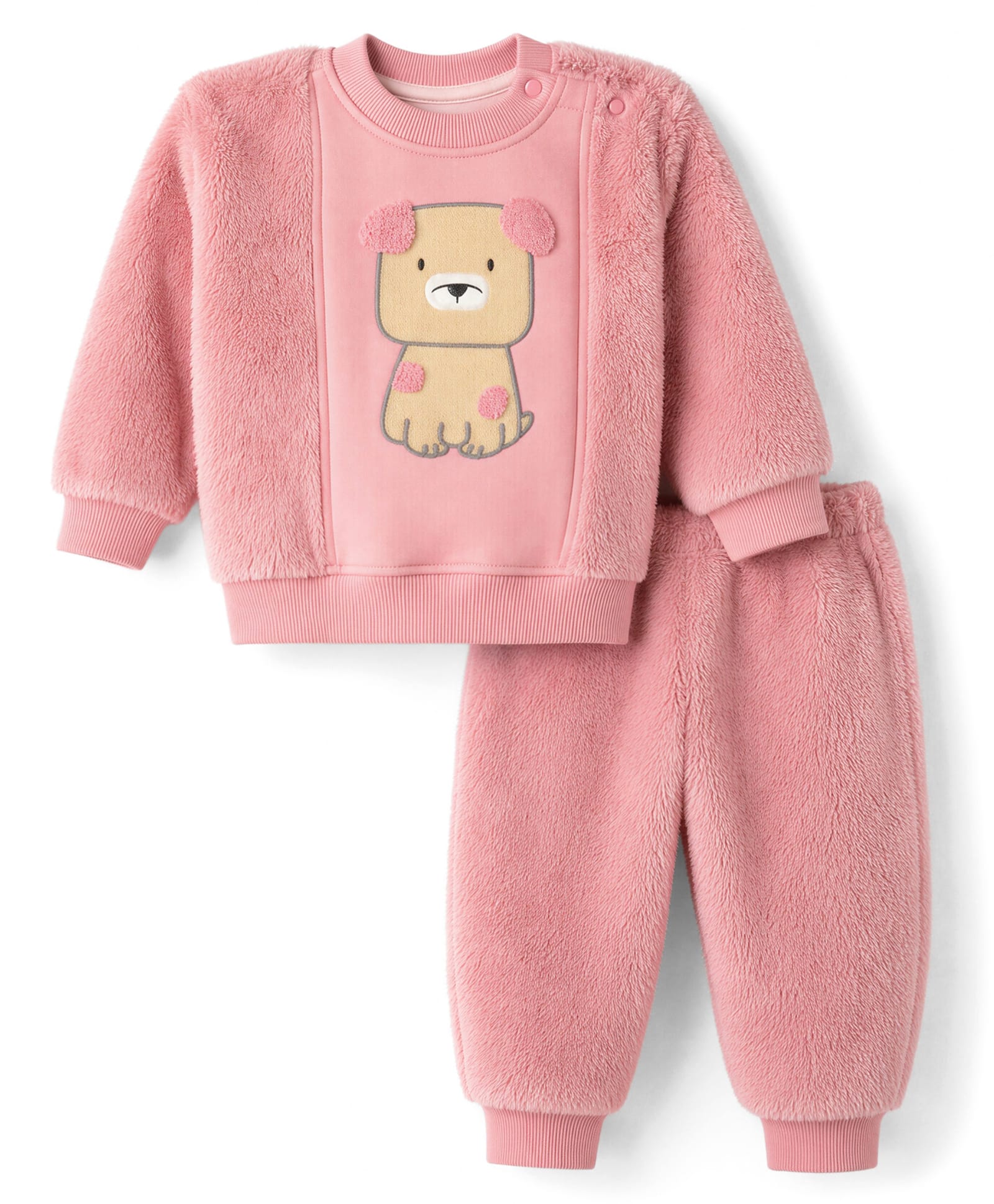 Little Kangaroos Fur Knit Full Sleeves Winter Wear Suits With Dog Patch - Light Pink-picture-25