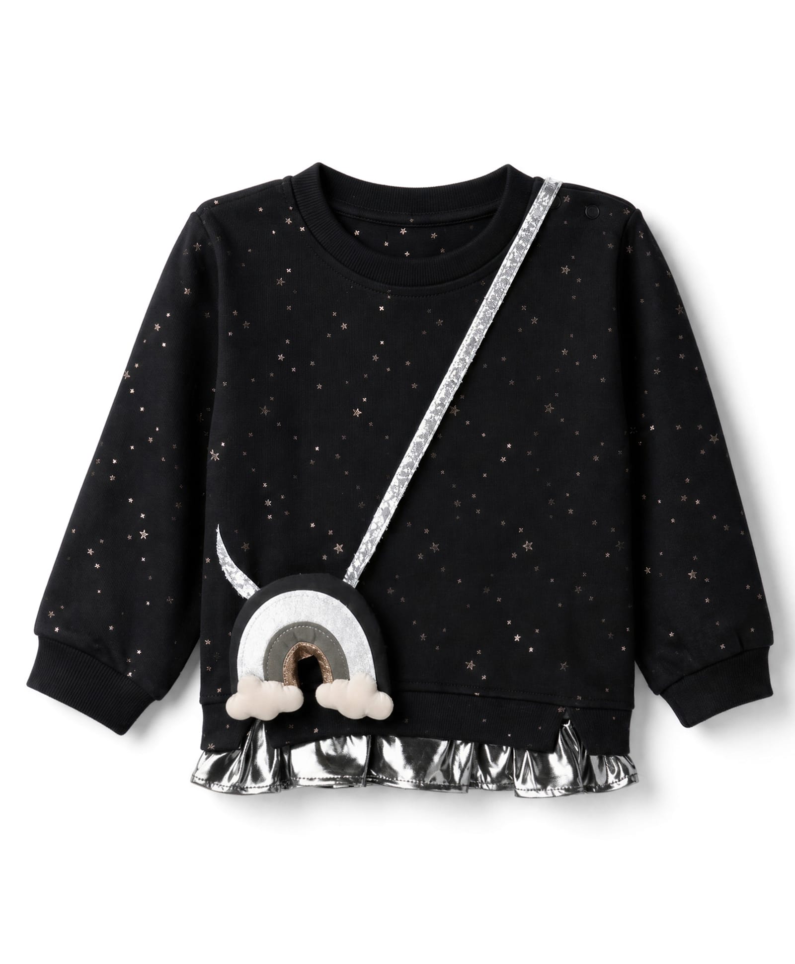 Little Kangaroos Fleece Knit Sweatshirt and Bag with Full Sleeves and Star Print - Black-image-29
