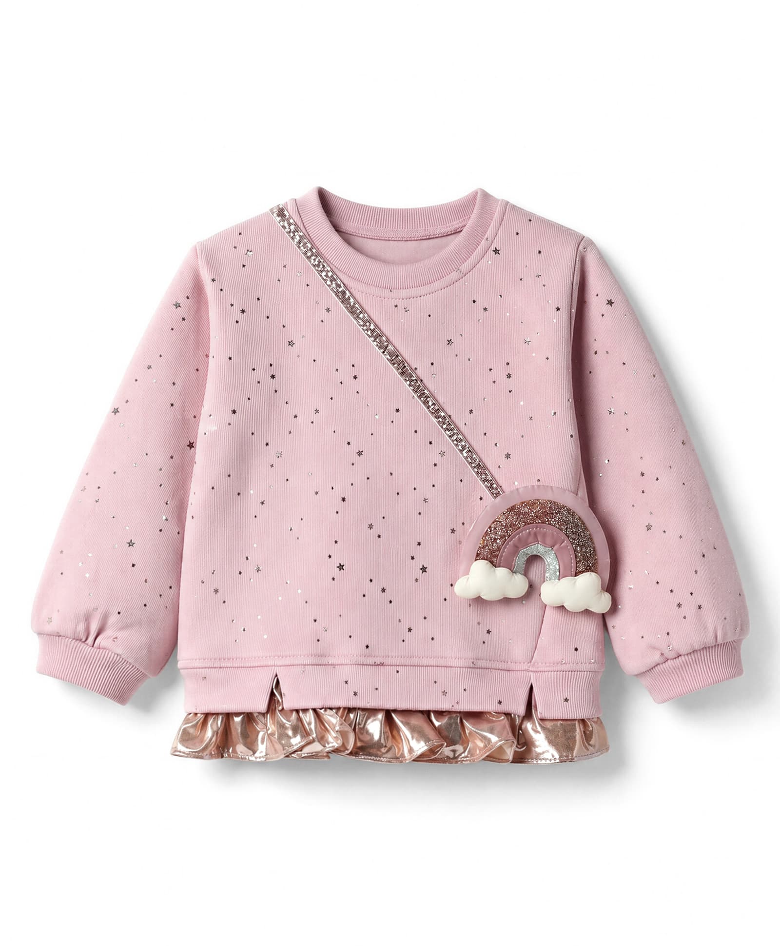 Little Kangaroos Fleece Knit Full Sleeves With Star Foil Print Sweatshirt and Rainbow Pattern Sling Bag - Light Pink-image-16