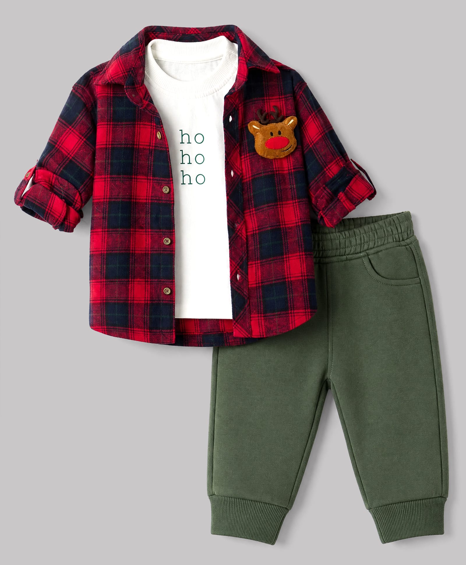Little Kangaroos Cotton Knit Woven Full Sleeves Checked Sweatshirt With T-Shirt & Joggers - Red-image-8