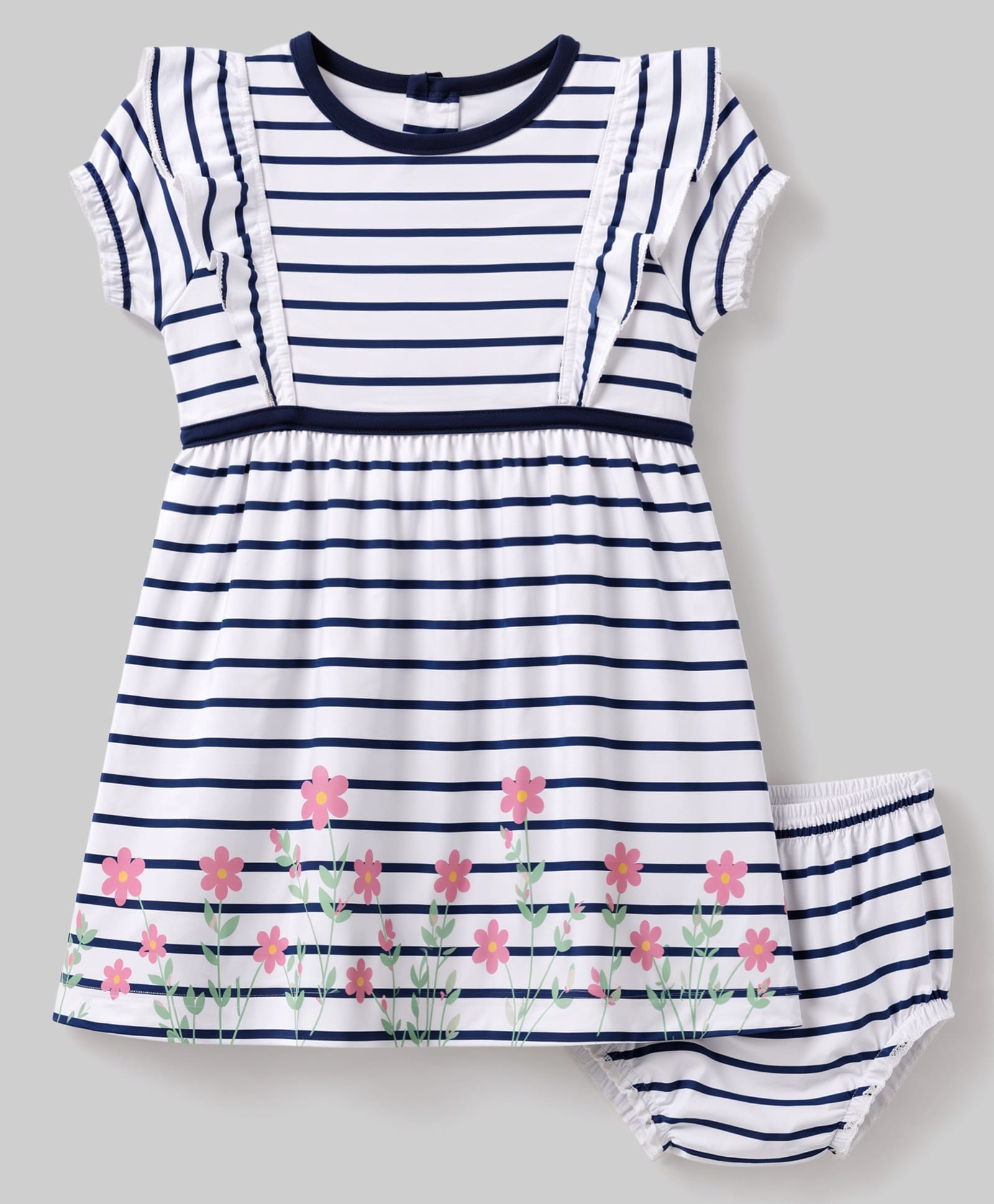 Babyhug Single Jersey Knit Half Sleeves Striped Frock and Bloomer Set With Floral Print - White-image-25