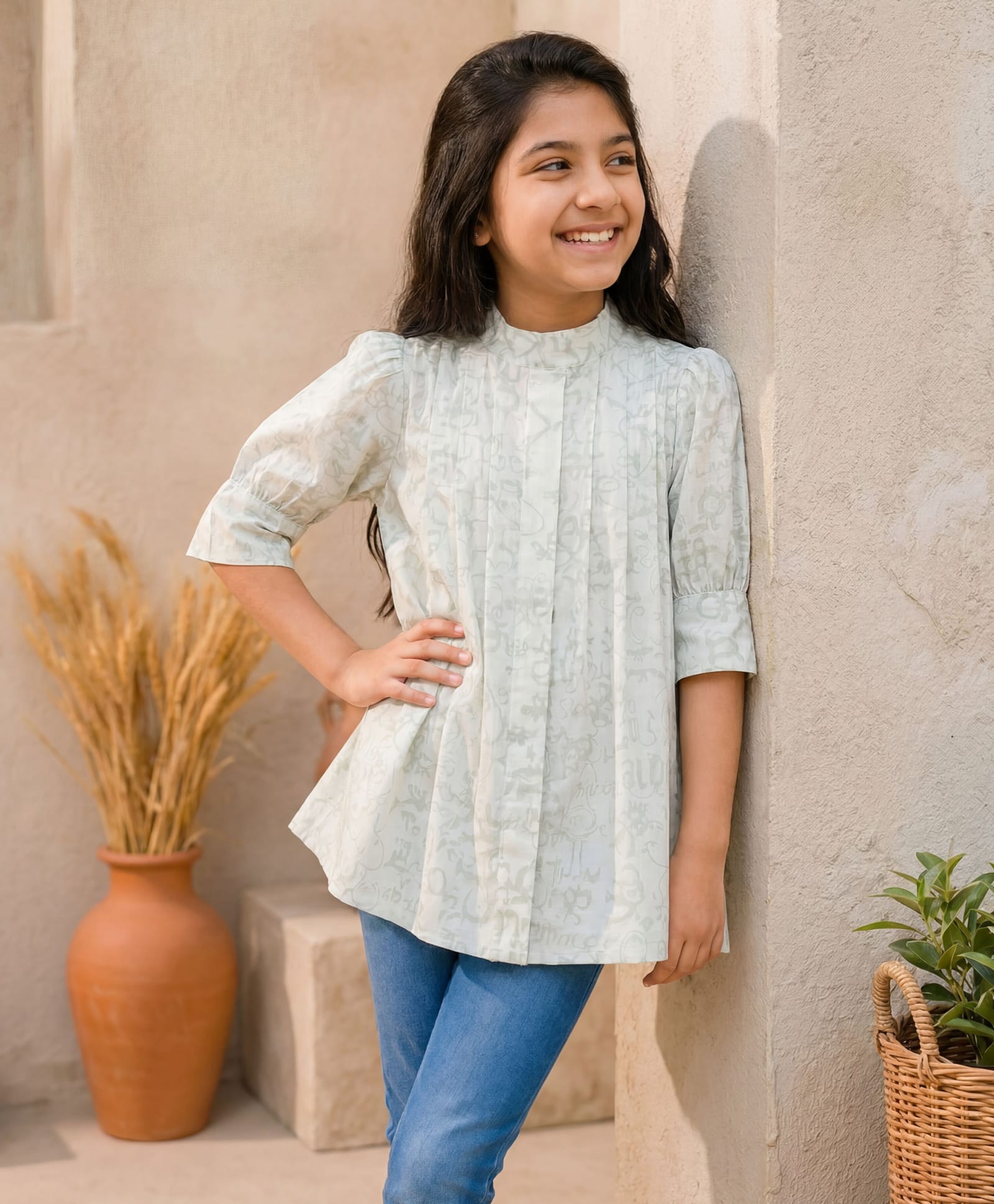 ISHTI Chiffon Woven Three Fourth Sleeves Abstract Printed Top - Green-image-13