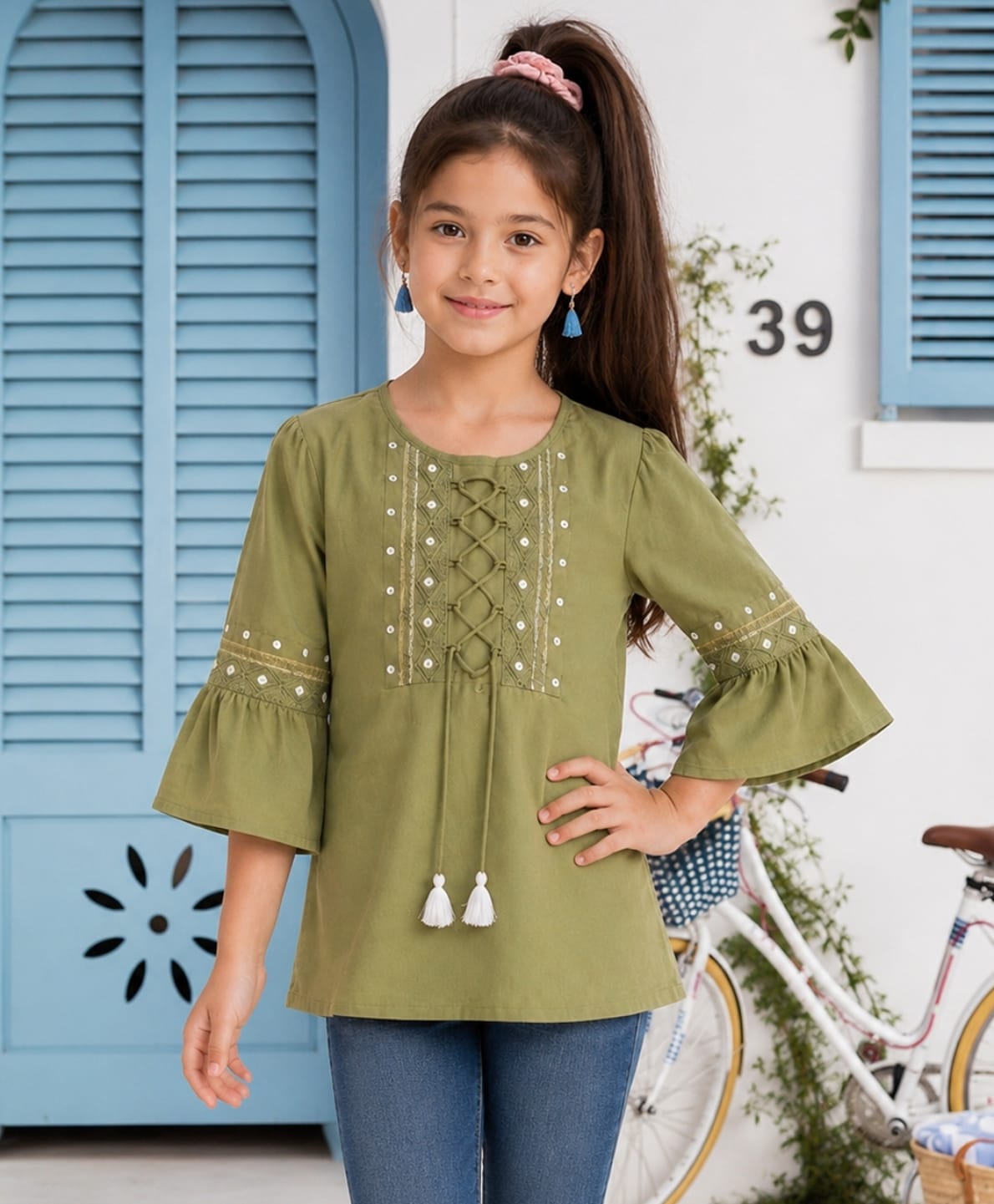 ISHTI Cotton Modal Woven Three Fourth Sleeves Thread Work Embroidered Sequins Embellished Top - Olve Green-image-49