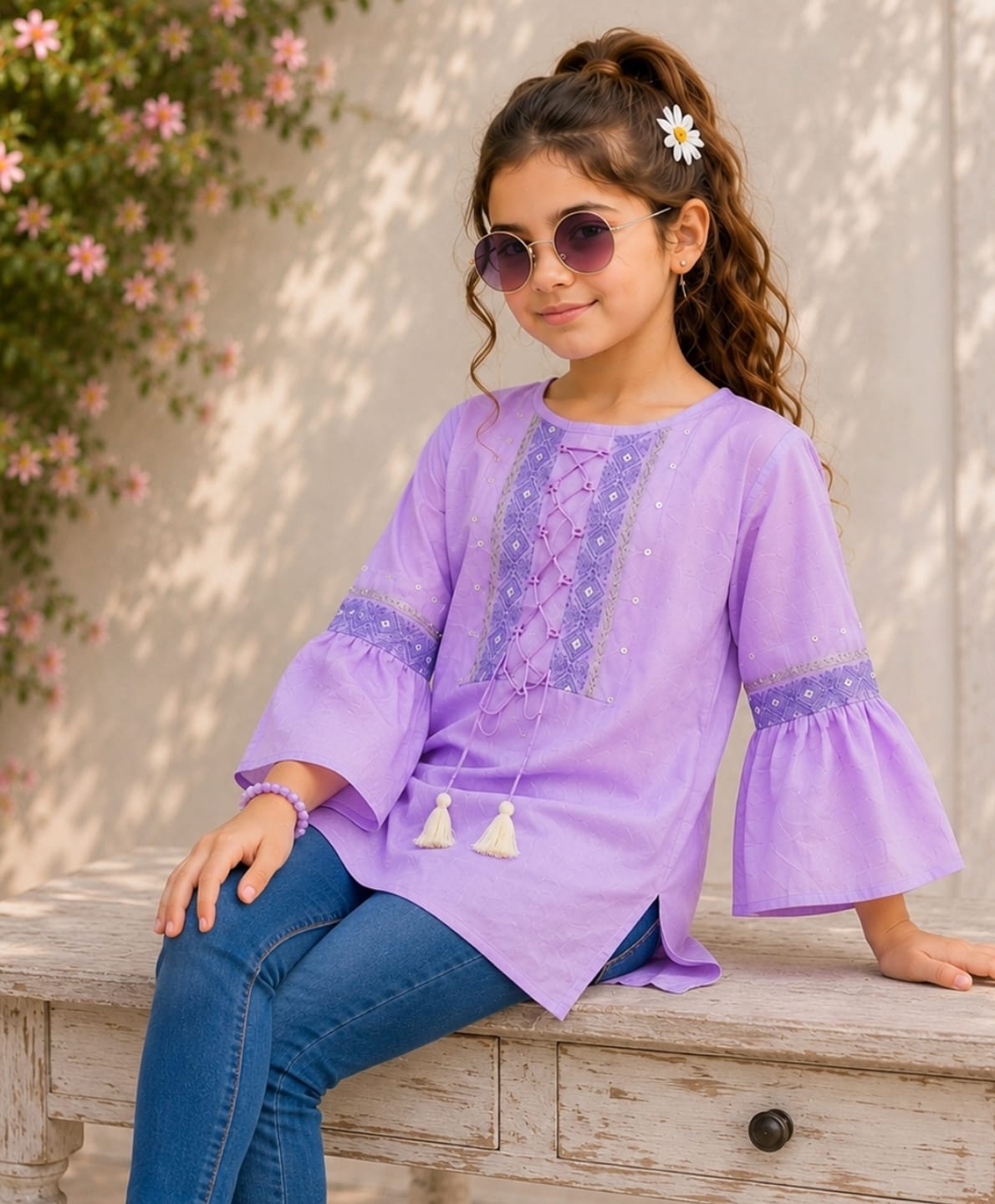 ISHTI Cotton Modal Woven Three Fourth Sleeves Thread Work Embroidered Sequins Embellished Top - Purple-image-45