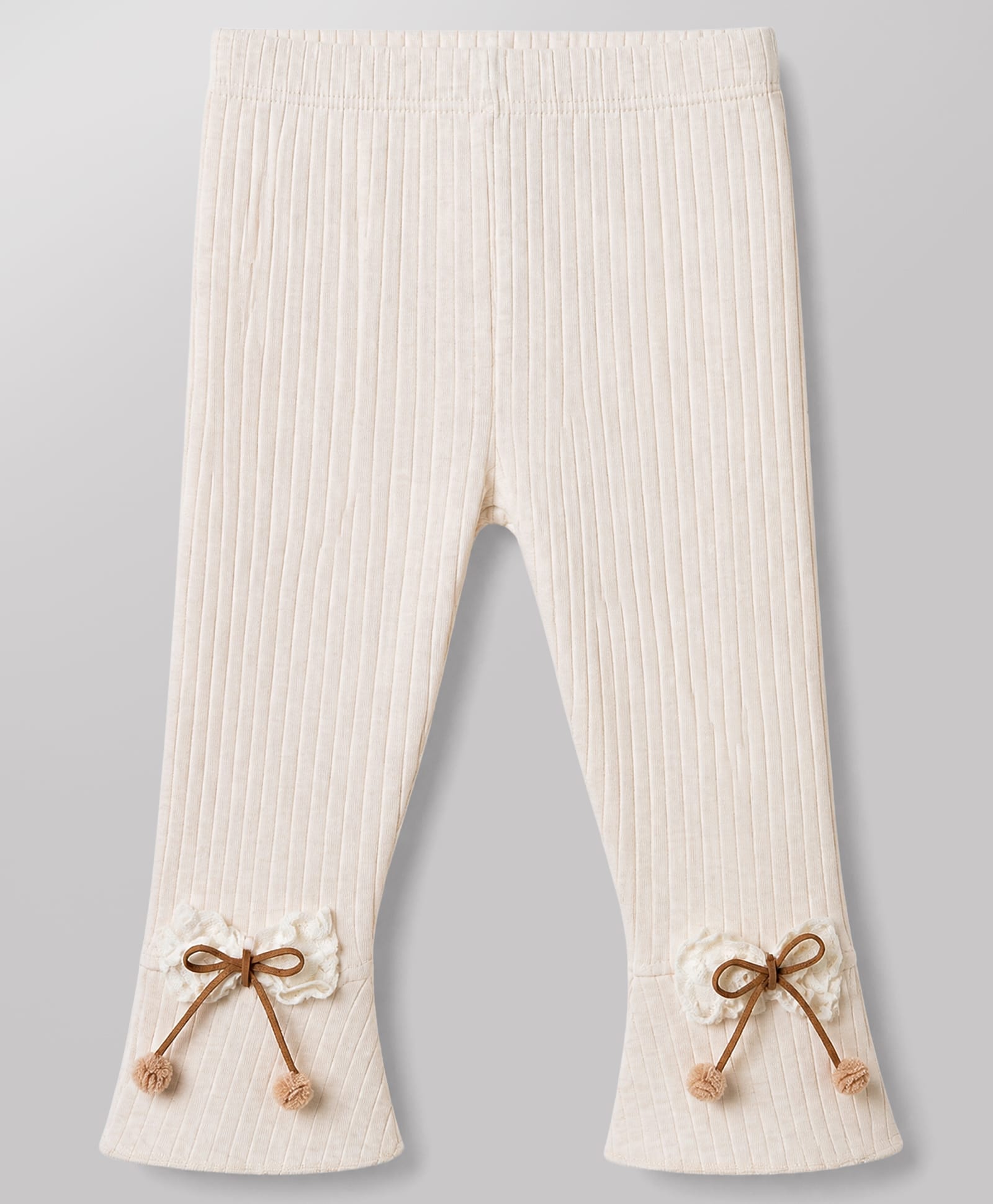 Babyoye Cotton Lycra Knit Full Length Flared Leggings With Bow Applique - Beige-image-30