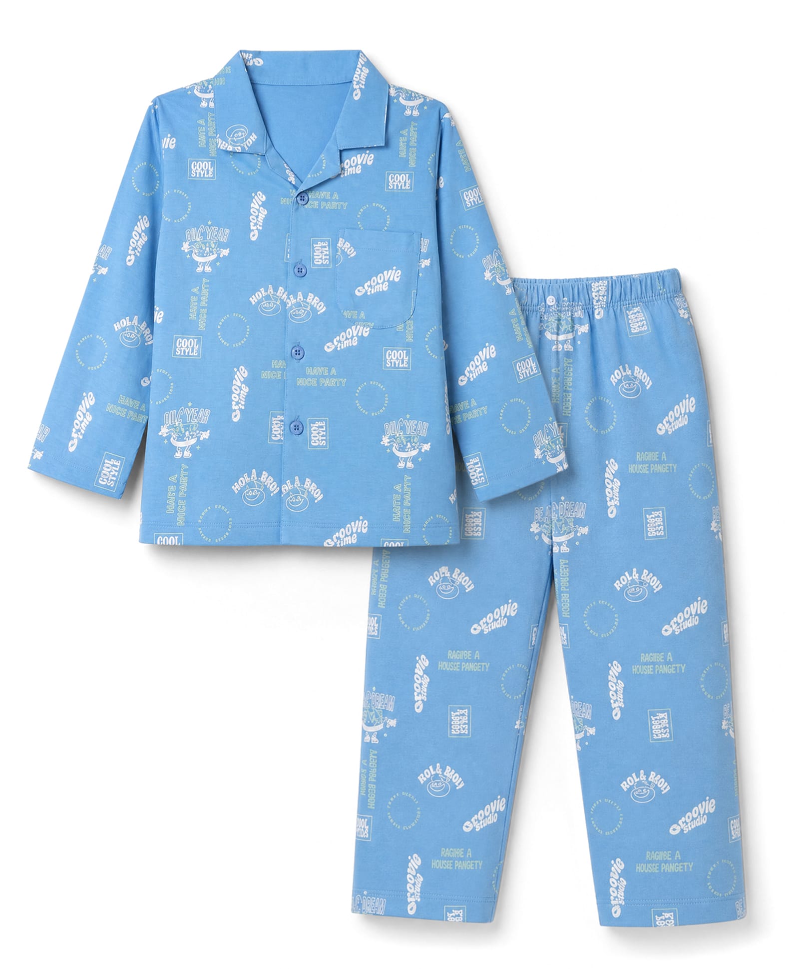 Teddy Sinker Knit Full Sleeves Shirt & Pyjama Night Suit Co-Ords Set With Text Print - Blue-picture-21