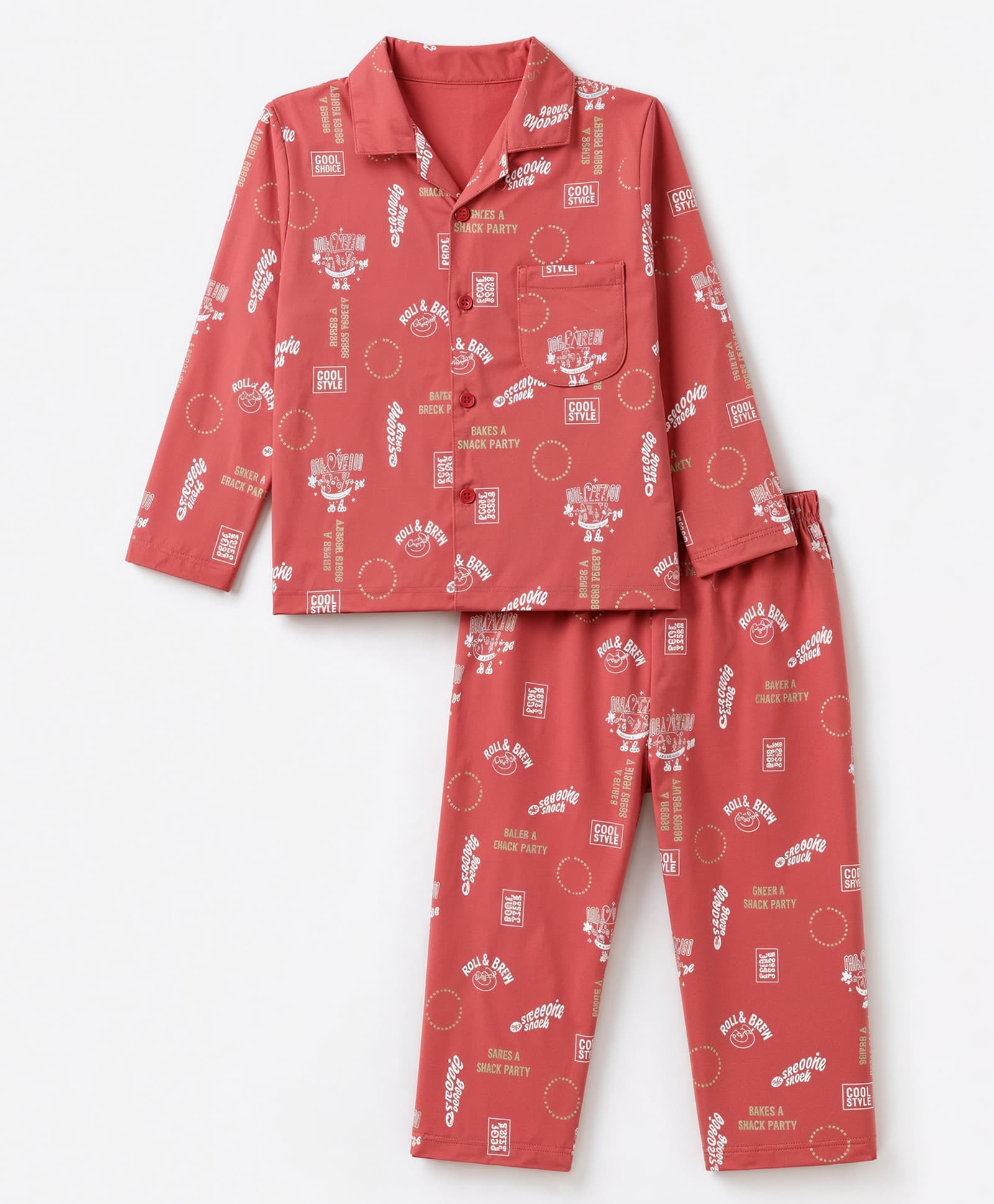 Teddy Sinker Knit Full Sleeves Shirt & Pyjama Night Suit Co-Ords Set With Text Print - Rust Orange-picture-5