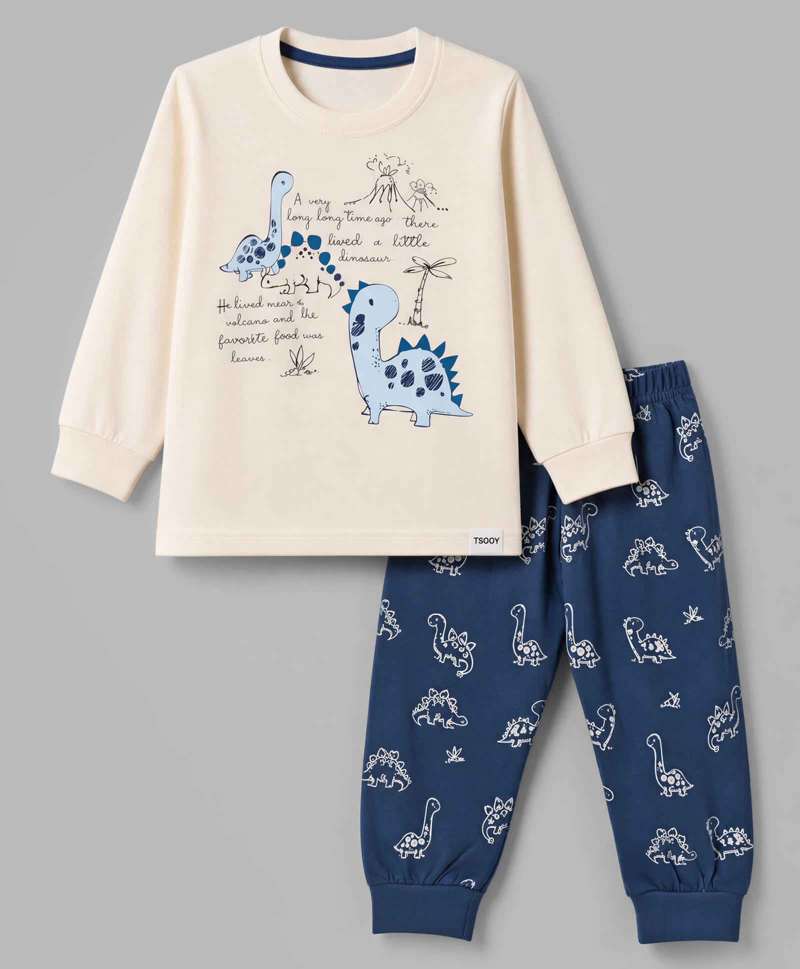 Teddy Sinker Knit Full Sleeves T-Shirt & Pyjama Night Suit with Dinosaur & Text Print - Beige-picture-39