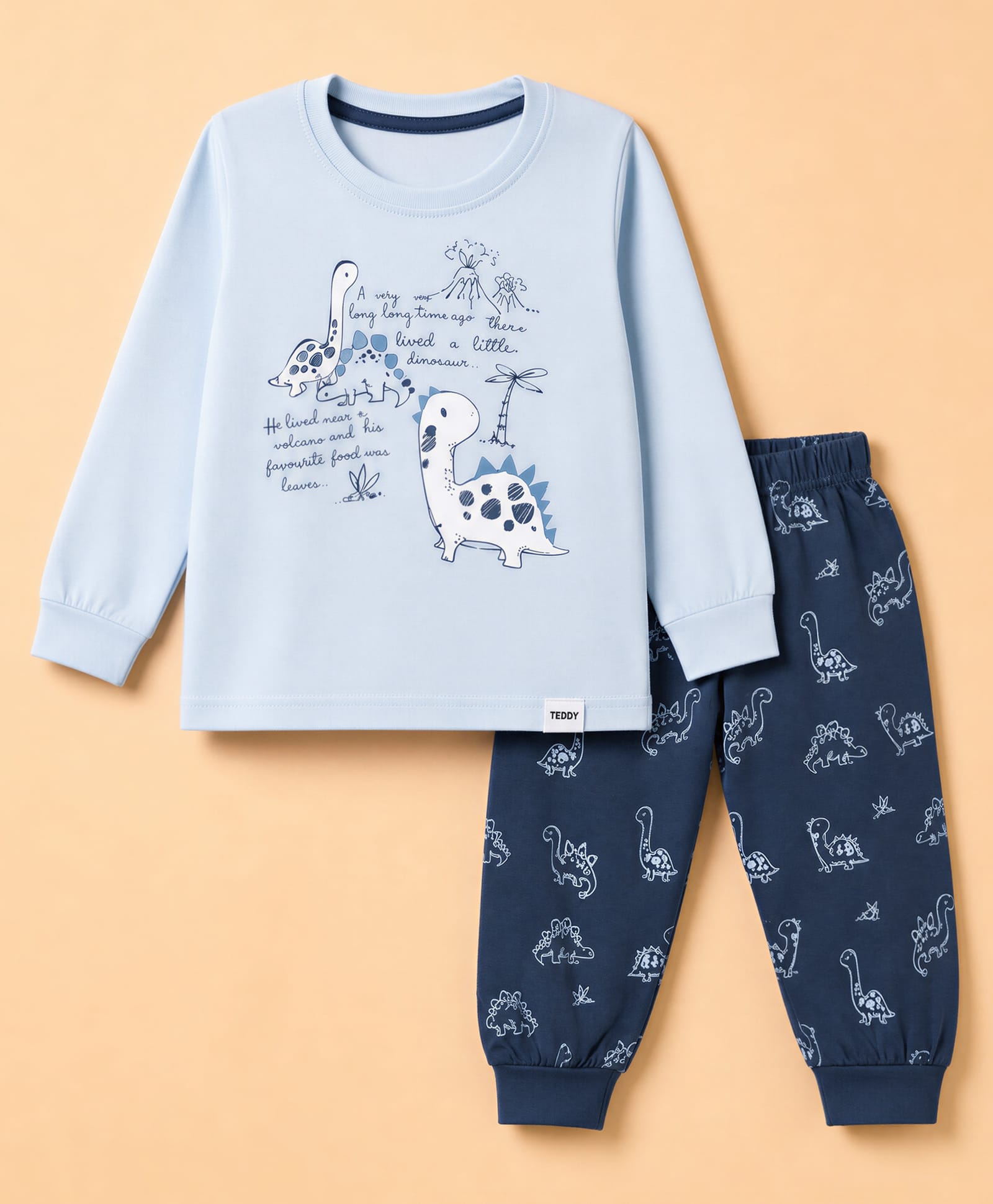 Teddy Sinker Knit Full Sleeves T-Shirt & Pyjama Night Suit with Dinosaur & Text Print - Blue-picture-42