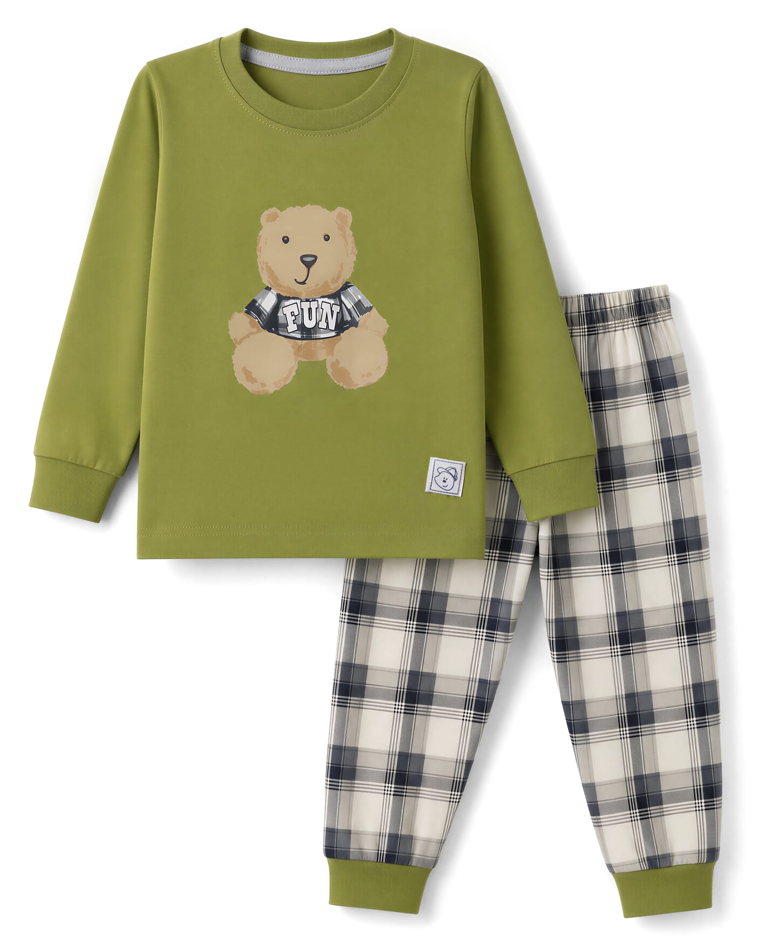 Teddy Sinker Knit Full Sleeves Bear Printed & Checkered T-Shirt & Jogger Set - Green & Grey-image-20