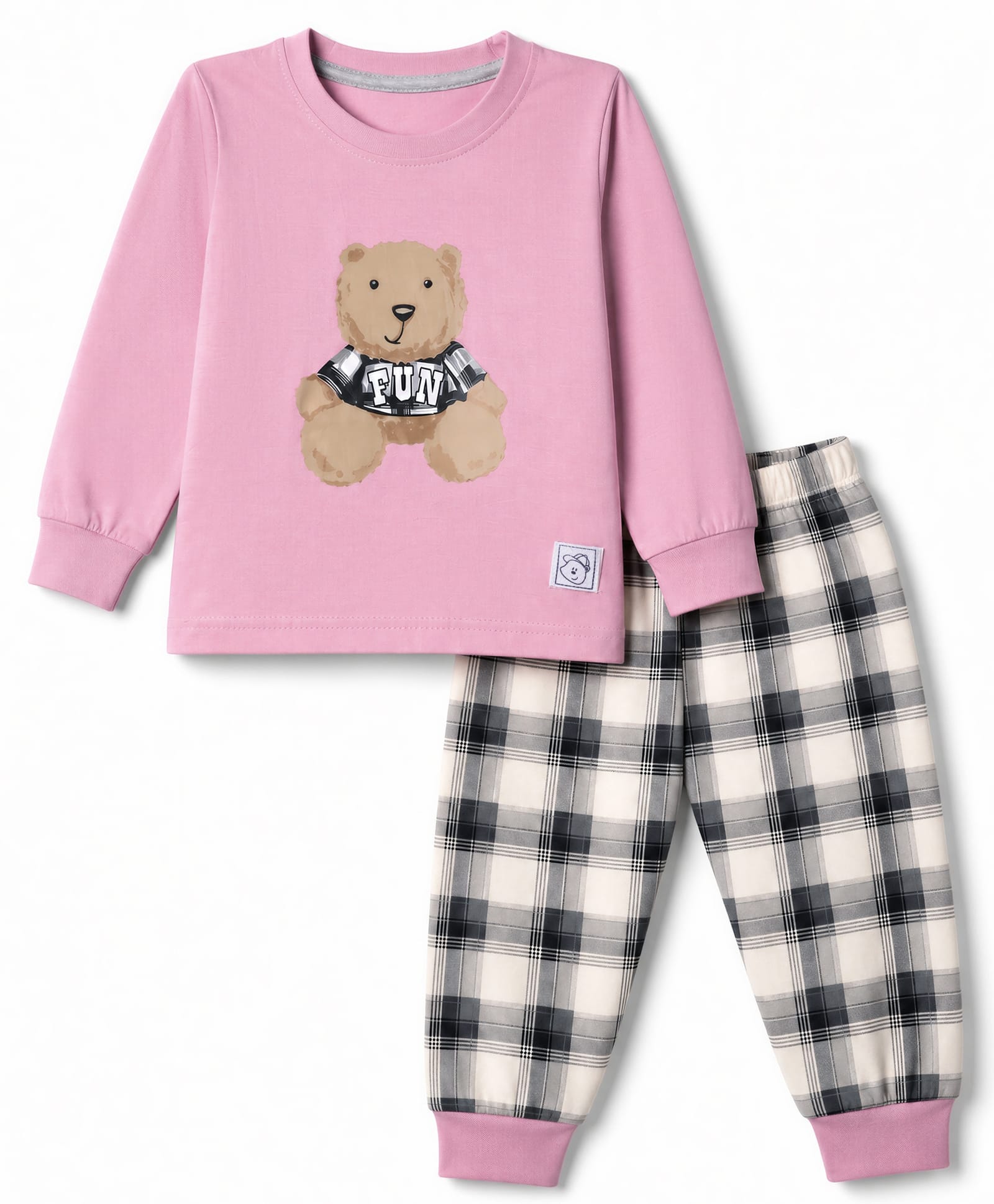 Teddy Sinker Knit Full Sleeves Bear Printed & Checkered T-Shirt & Jogger Set - Pink & Grey-image-47