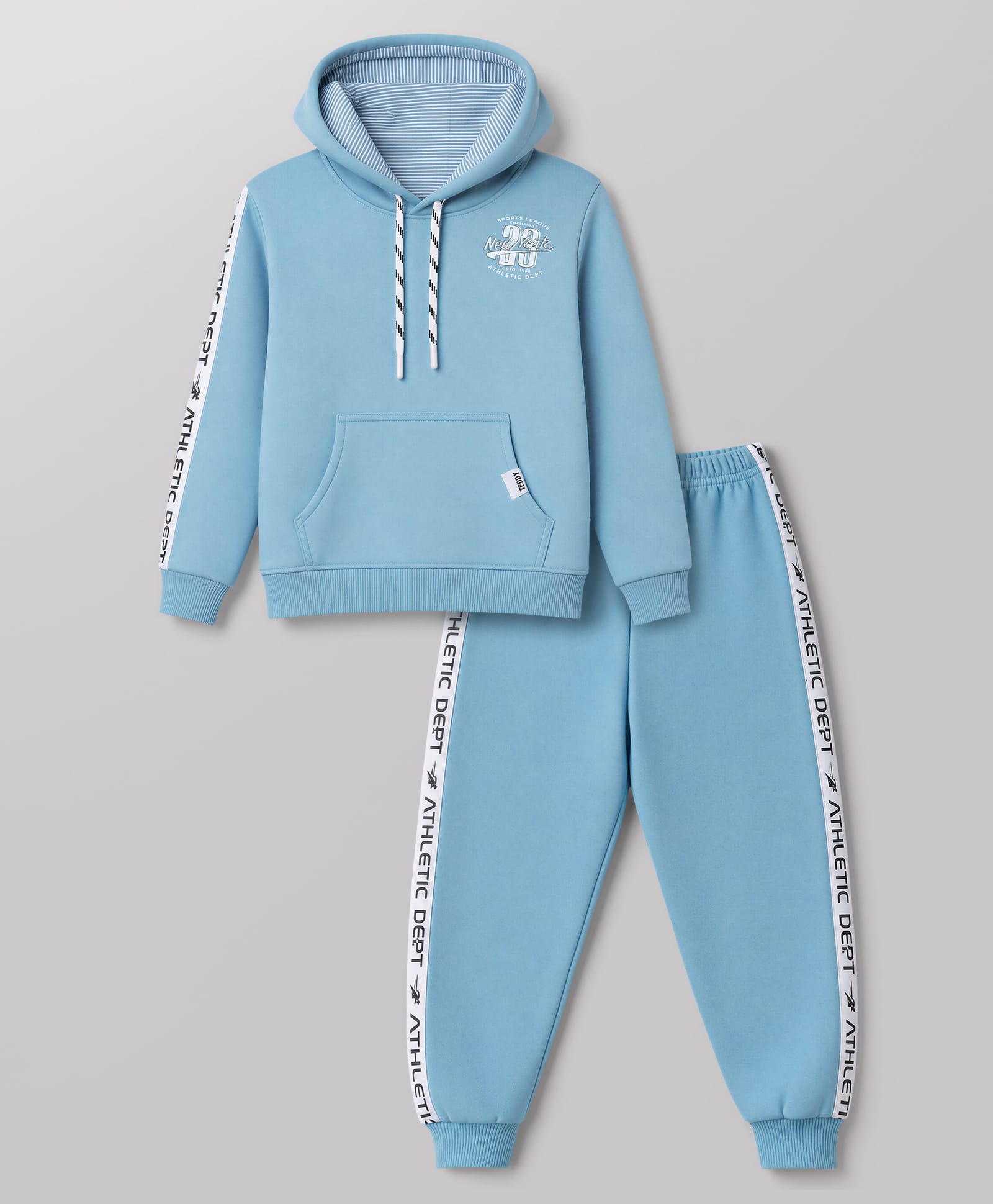 Teddy Fleece Knit Full Sleeves Hooded Winter Wear Suit With Text Print - Blue-picture-26