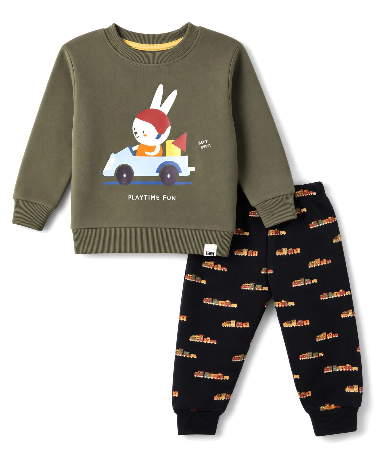 Teddy Fleece Knit Full Sleeves Winter Wear Suit With Bunny & Train Print - Olive Green-image-17