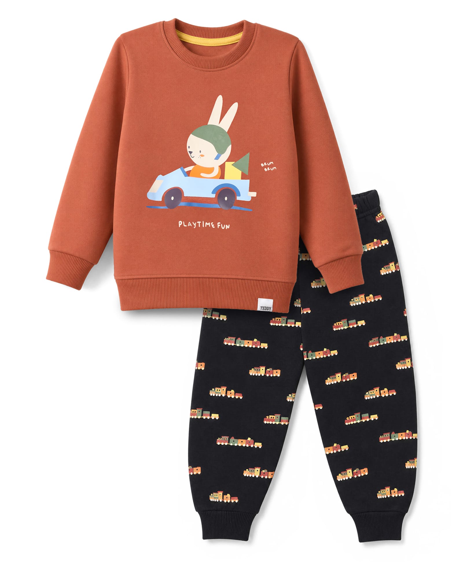 Teddy Fleece Knit Full Sleeves Winter Wear Suit With Bunny & Train Print - Orange-picture-0