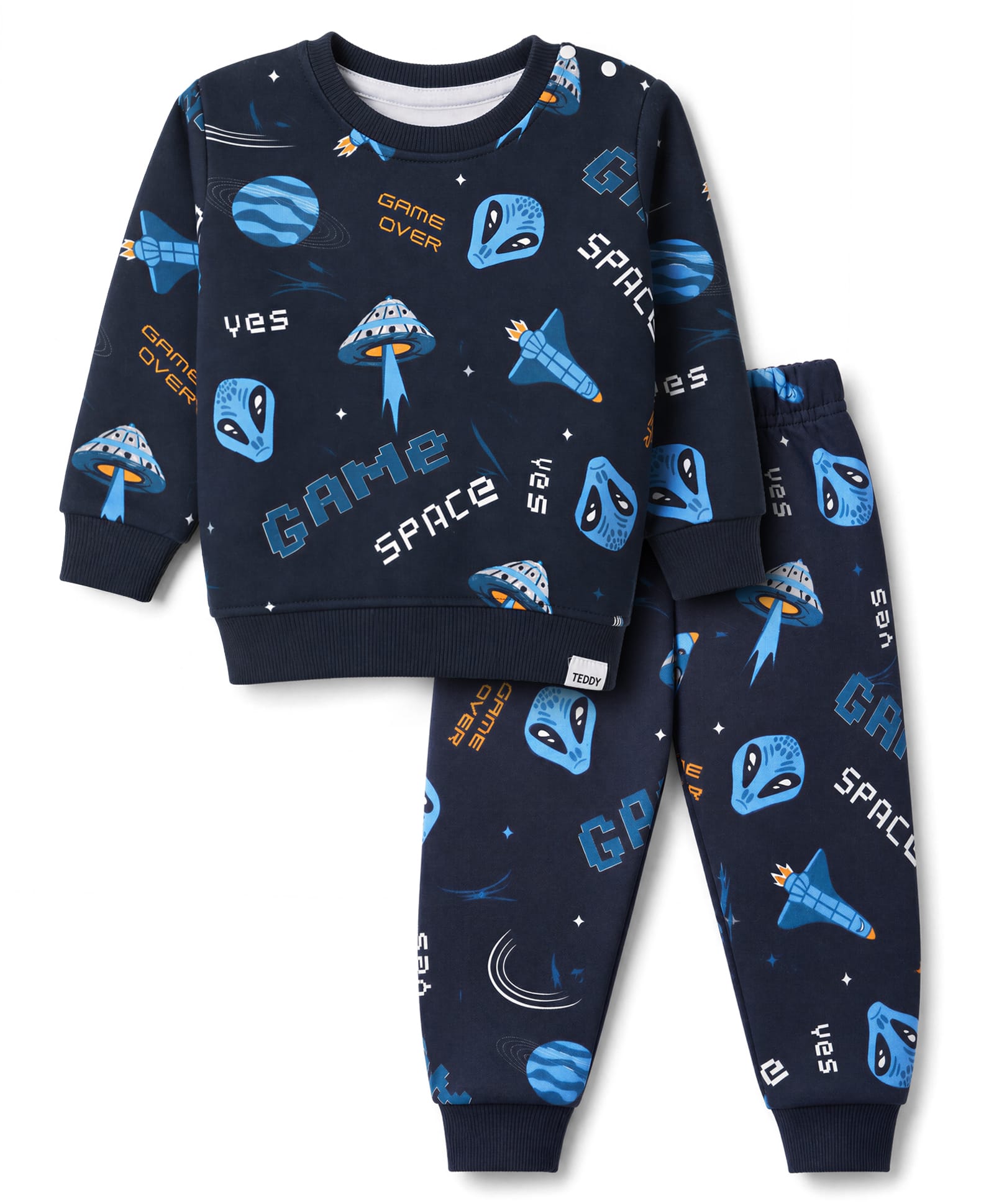 Teddy Fleece Knit Full Sleeves Co-Ords T-Shirt & Jogger Winter Wear Suit with Space Theme Print - Navy Blue-image-12