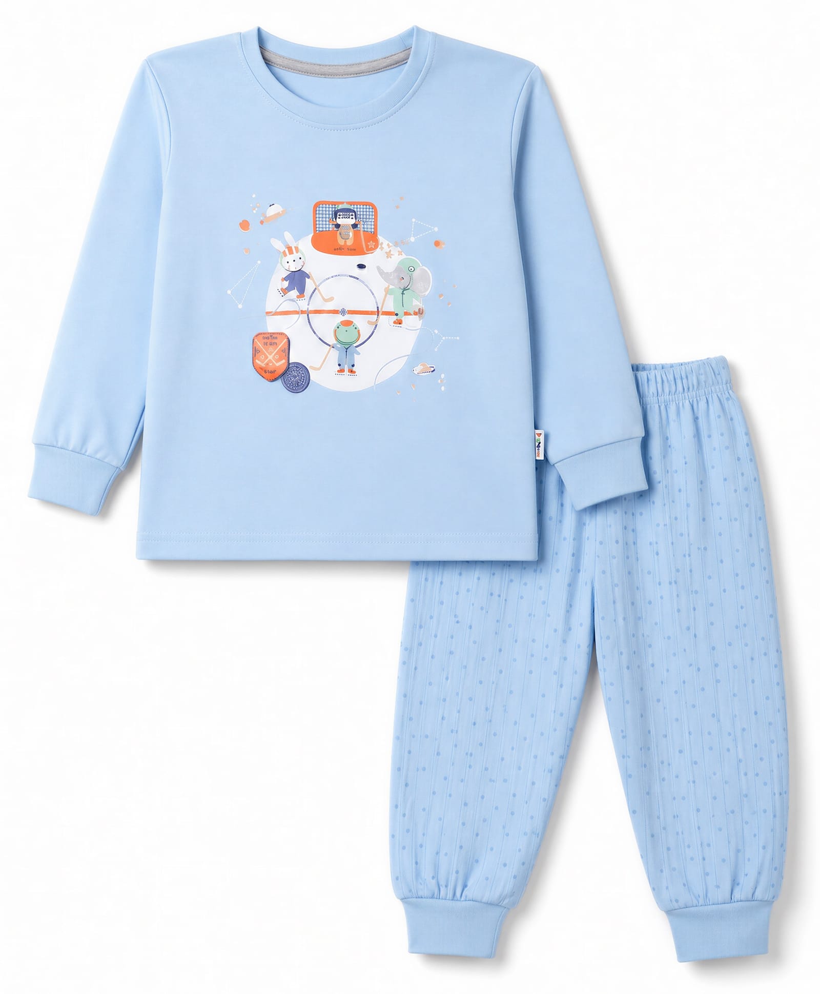 Teddy Interlock Knit Full Sleeves T-Shirt & Pyjama Night Suit with Animal Print - Blue-picture-13