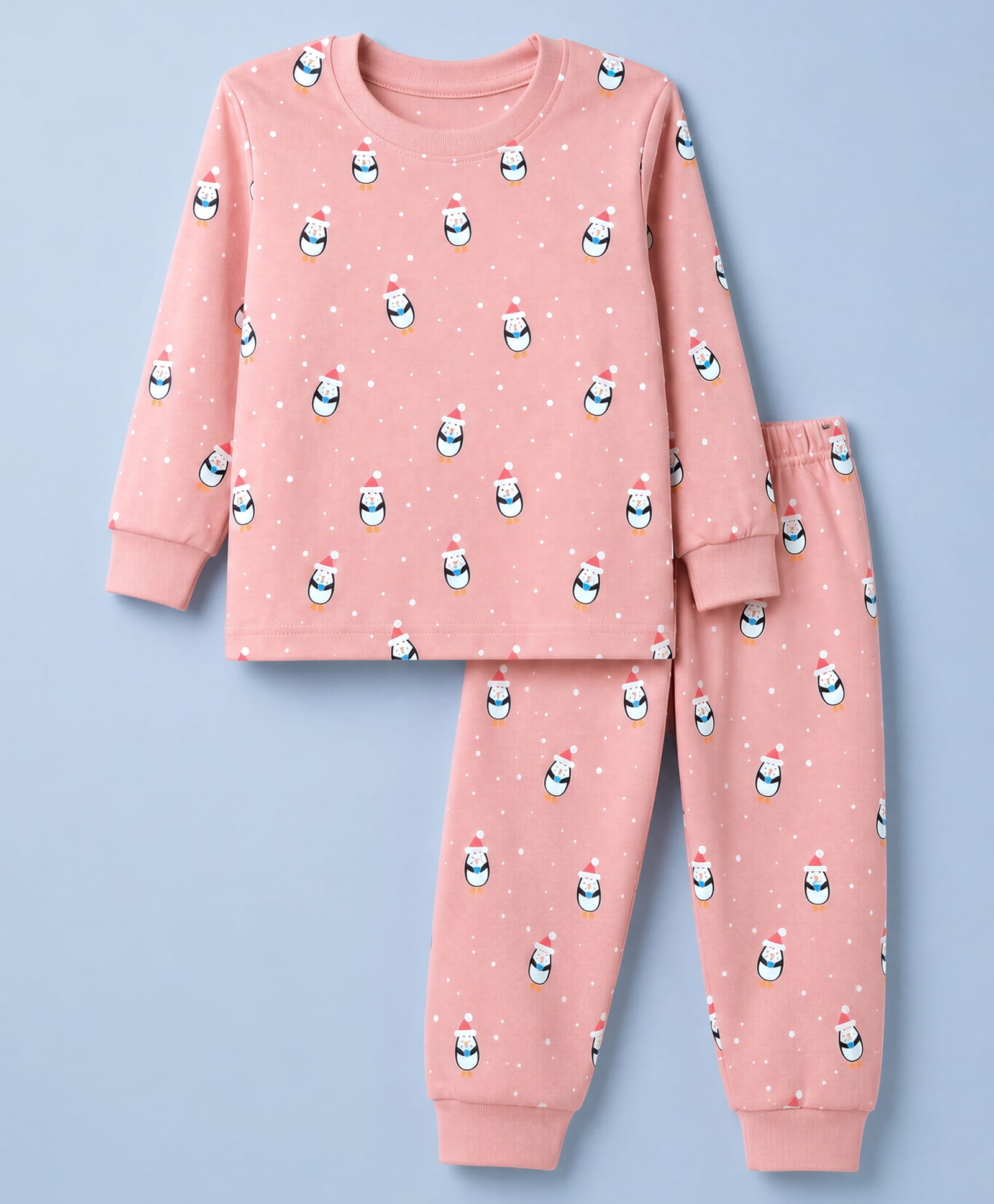Teddy Interlock Knit Full Sleeves Co-Ords T-Shirt & Pyjama Night Suit with Penguin Print - Pink-picture-5