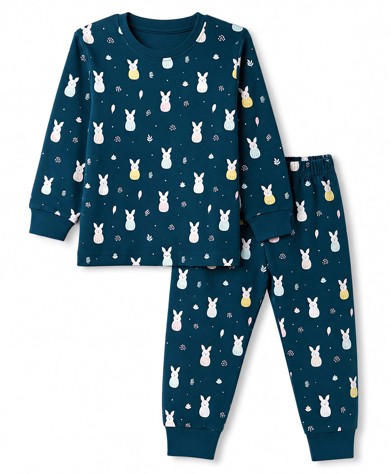 Teddy Interlock Knit Full Sleeves Co-Ords T-Shirt & Pyjama Night Suit with Bunny Print - Navy Blue-picture-14
