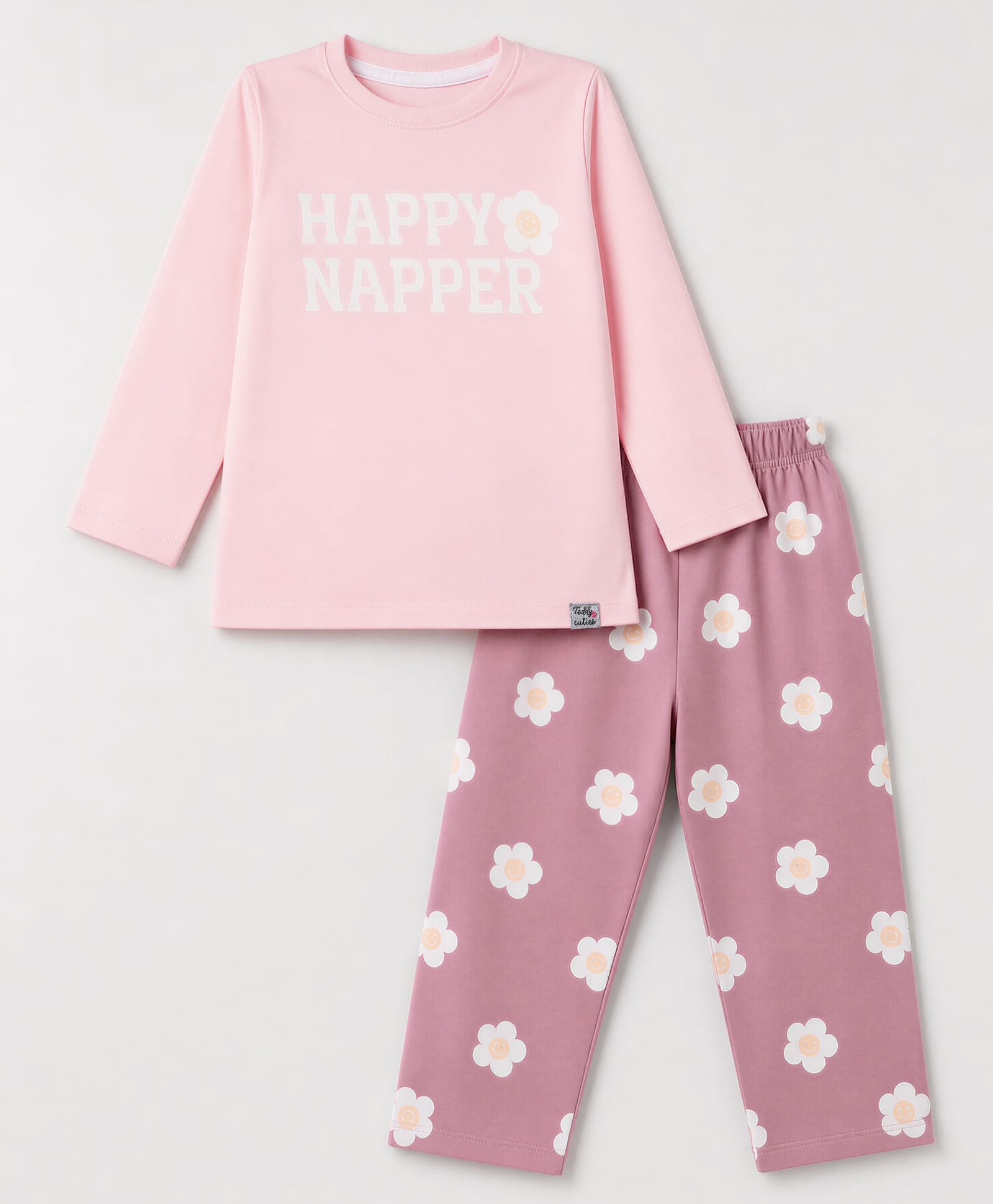 Teddy Sinker Knit Full Sleeves T-Shirt & Pyjama Night Suit with Happy Napper & Floral Print - Pink-picture-9