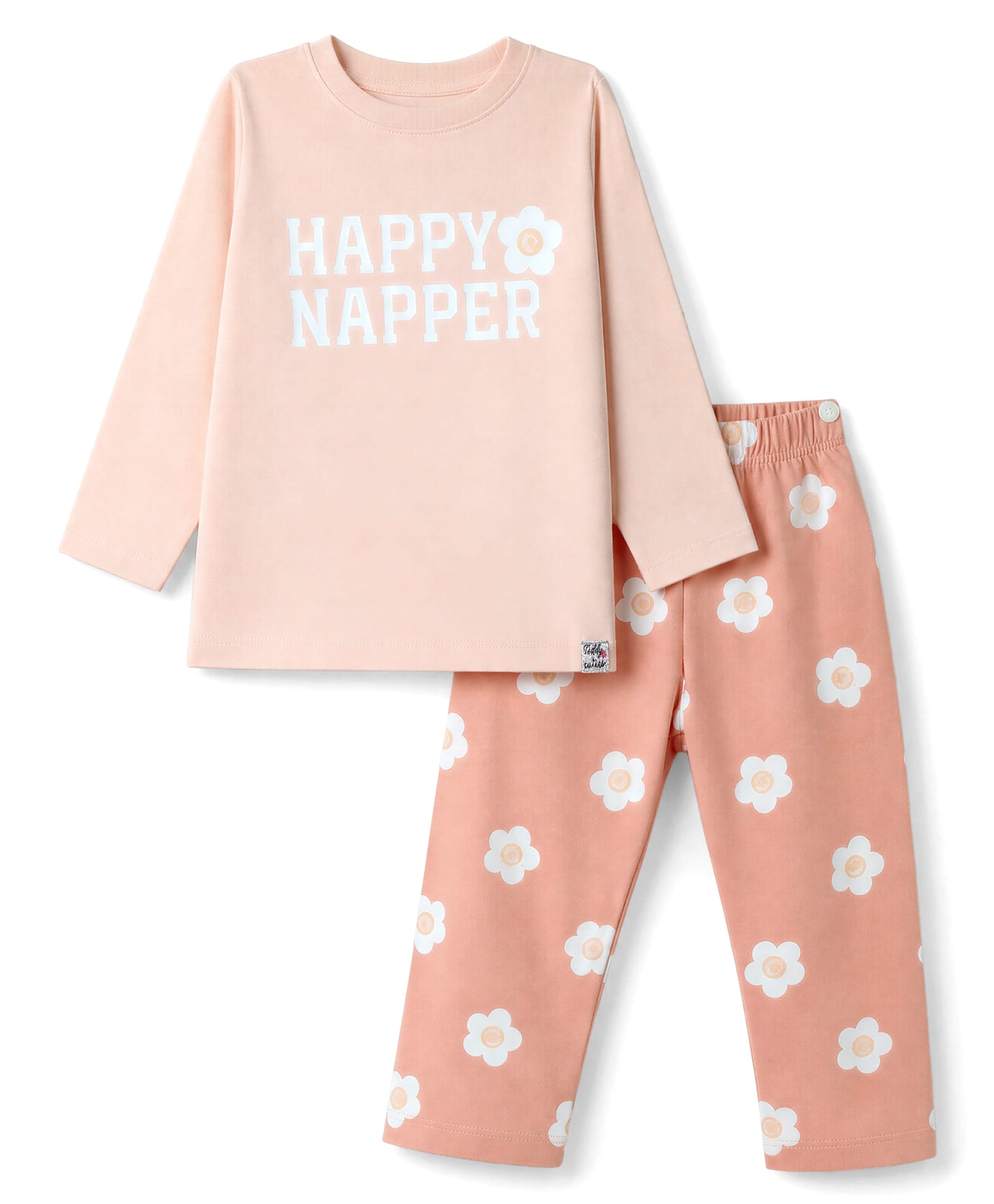 Teddy Sinker Knit Full Sleeves T-Shirt & Pyjama Night Suit with Happy Napper & Floral Print - Peach-picture-19