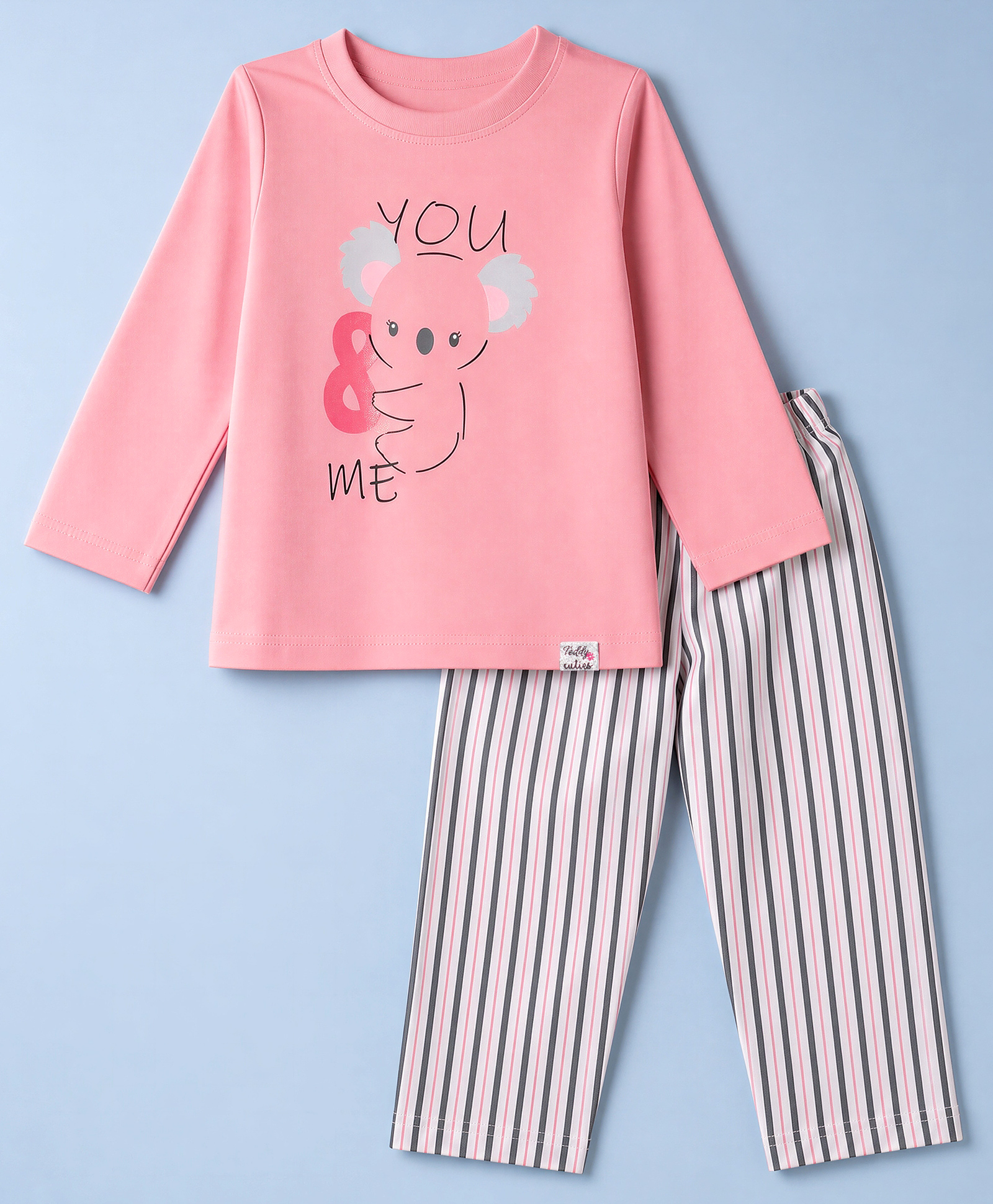 Teddy Sinker Knit Full Sleeves T-Shirt & Pyjama Night Suit with Bear Print - Pink-picture-28
