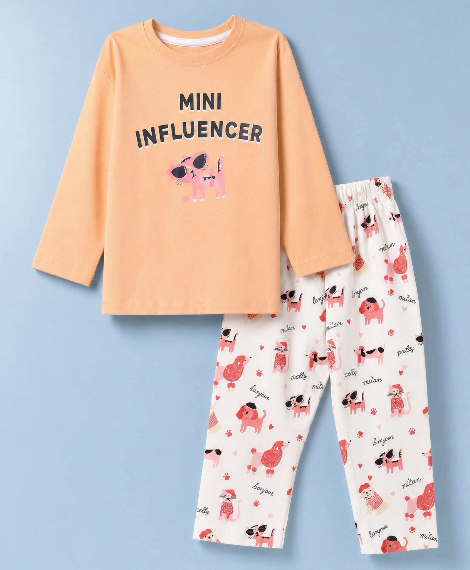 Teddy Sinker Knit Full Sleeves T-Shirt & Pyjama Night Suit with Cat & Text Print - Orange-picture-28