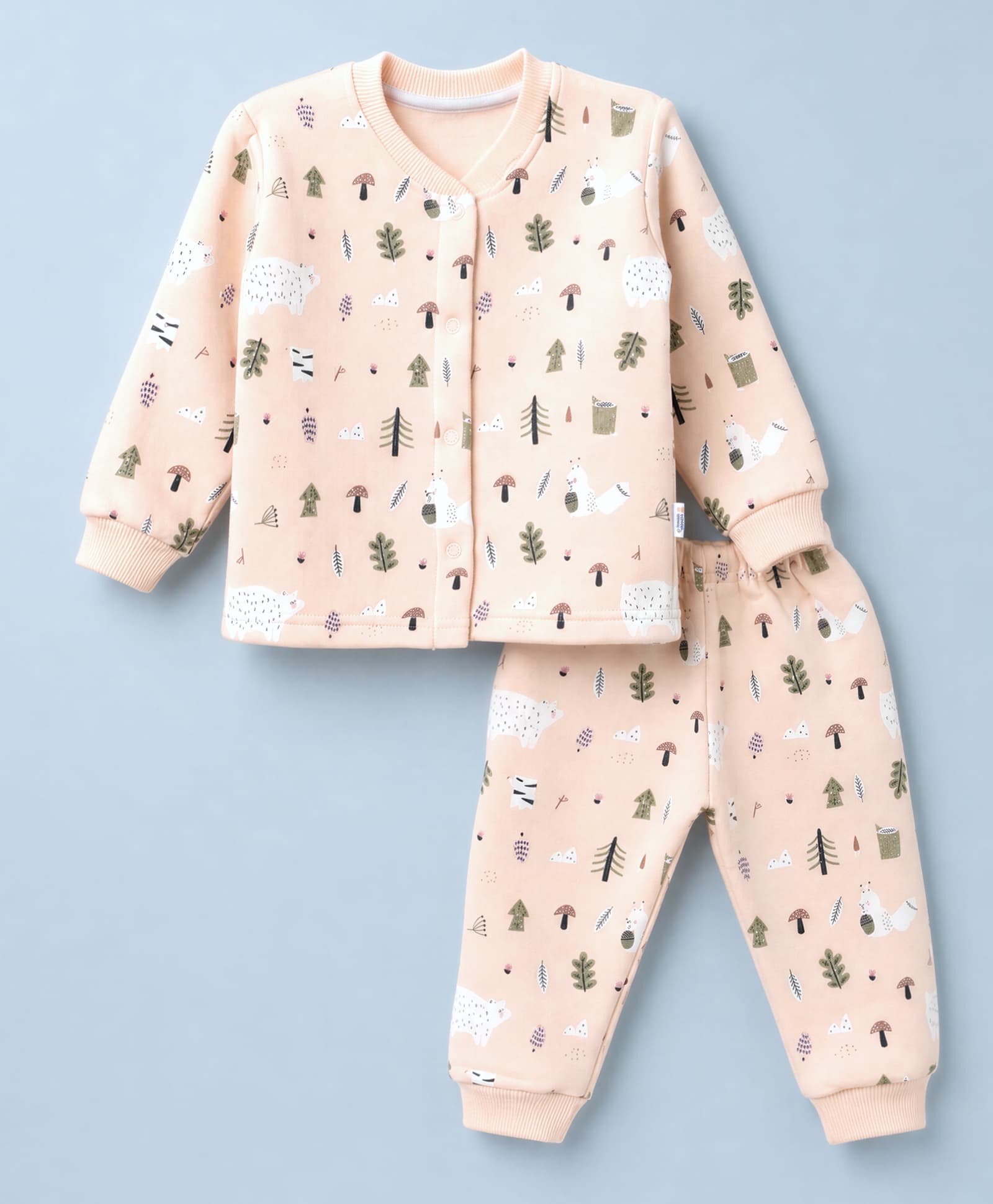Teddy Fleece Knit Full Sleeves Co-Ords T-Shirt & Pyjama Winter Wear Night Suit with Animal & Tropical Print - Beige-picture-2