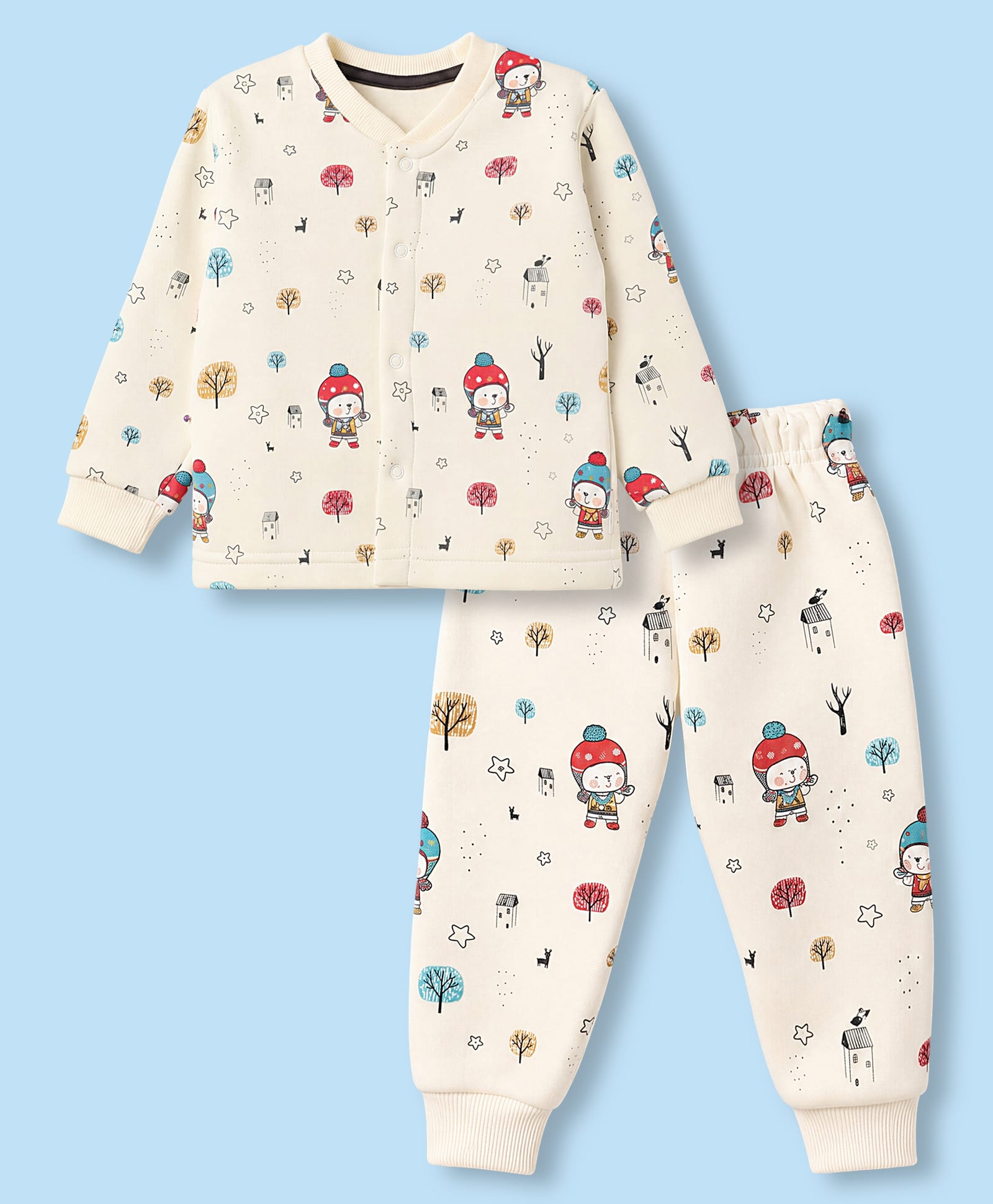 Teddy Fleece Knit Full Sleeves Co-Ords T-Shirt & Pyjama Winter Wear Night Suit with Bear Print - Beige-picture-28