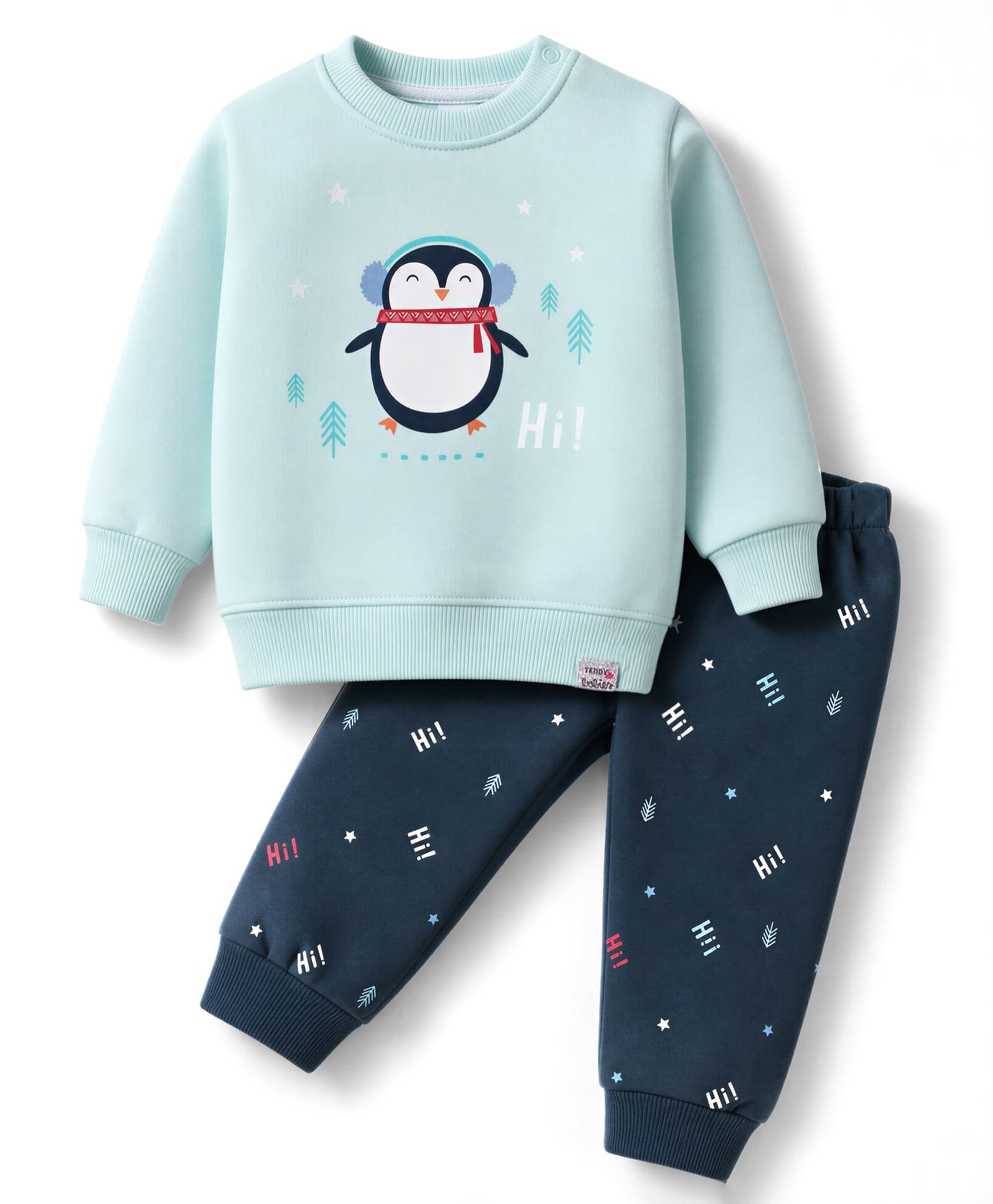 Teddy Fleece Knit Full Sleeves T-Shirt & Pyjama Winter Wear Night Suit with Penguin Print - Light Blue-picture-27