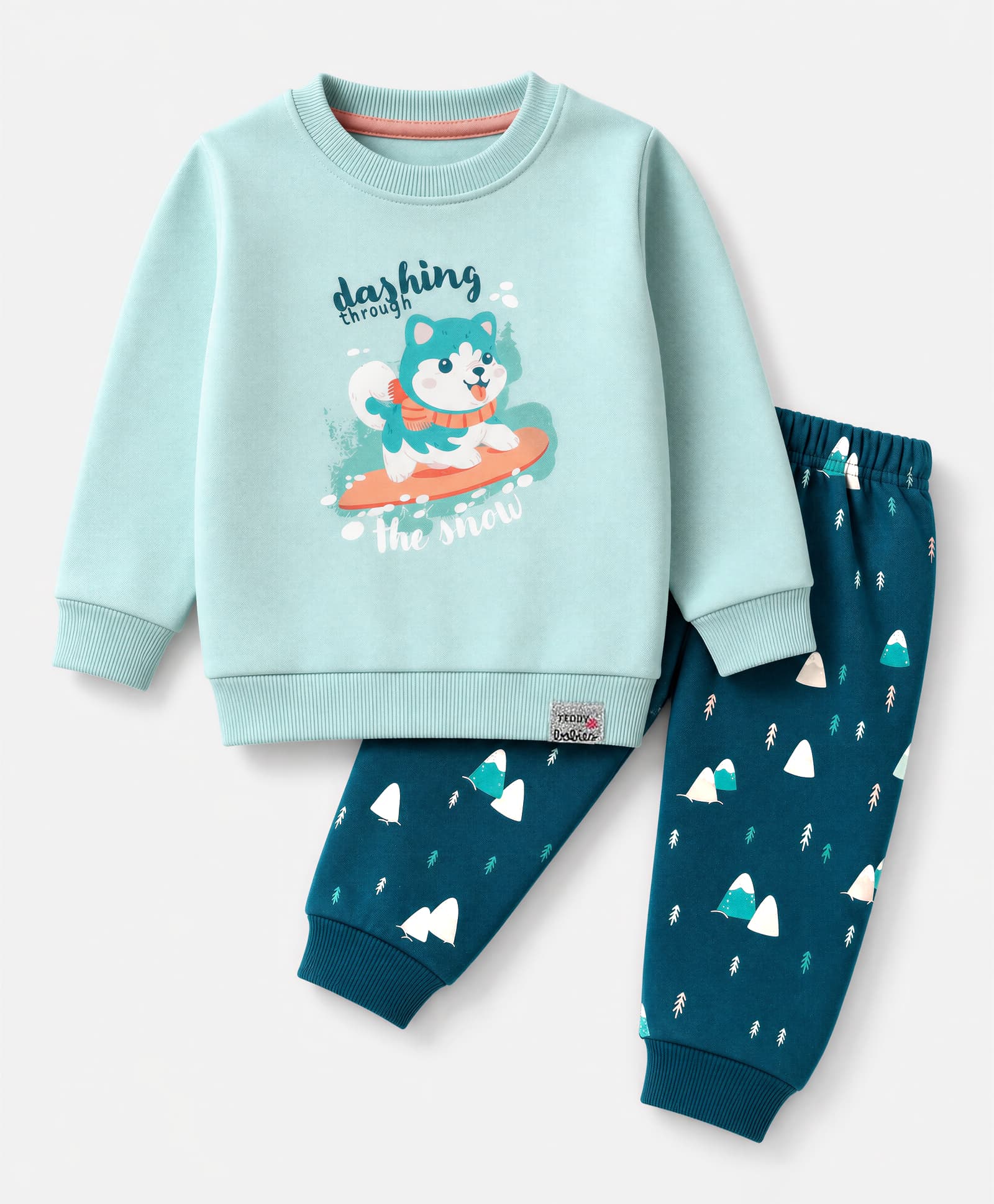 Teddy Fleece Knit Full Sleeves T-Shirt & Pyjama Winter Wear Night Suit with Dog Print - Light Blue-image-34