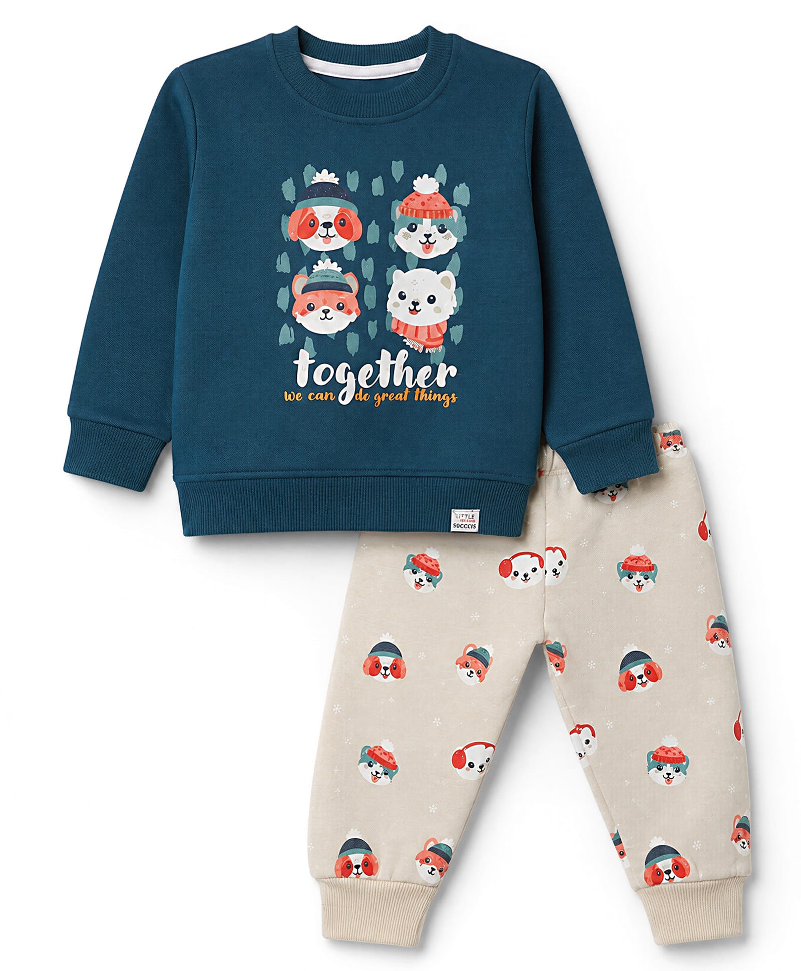 Teddy Fleece Knit Full Sleeves T-Shirt & Pyjama Winter Wear Night Suit with Animal Print - Dark Green-picture-12