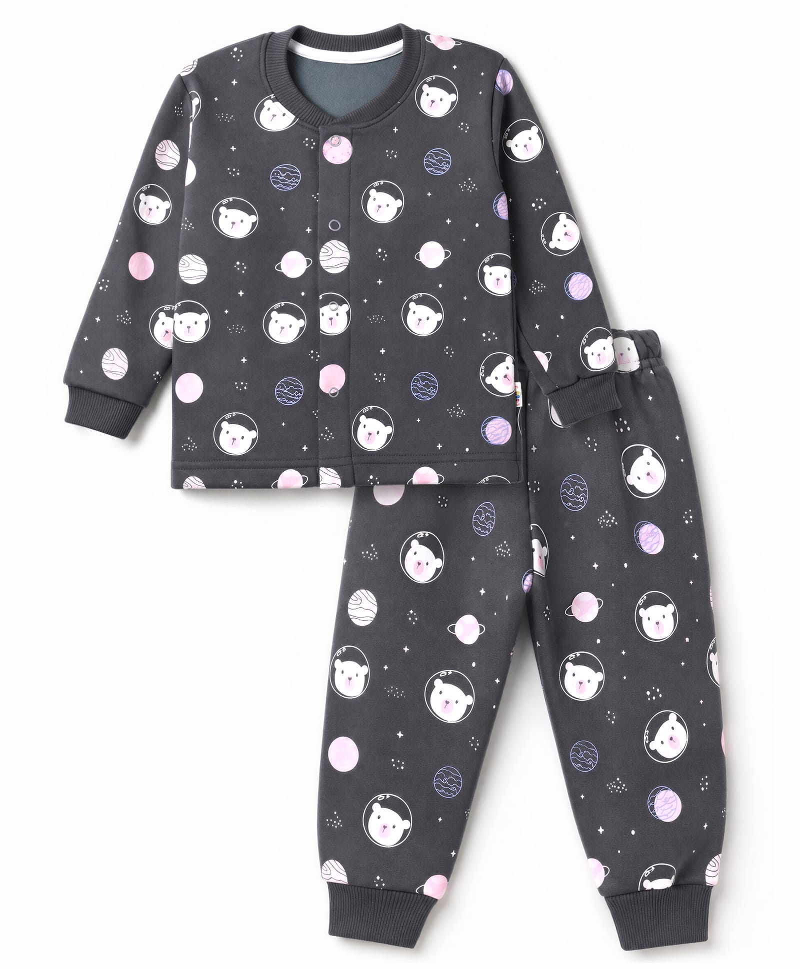 Teddy Fleece Knit Full Sleeves Co-Ords T-Shirt & Pyjama Winter Wear Night Suit with Bear & Space Theme Print - Charcoal Grey-picture-3