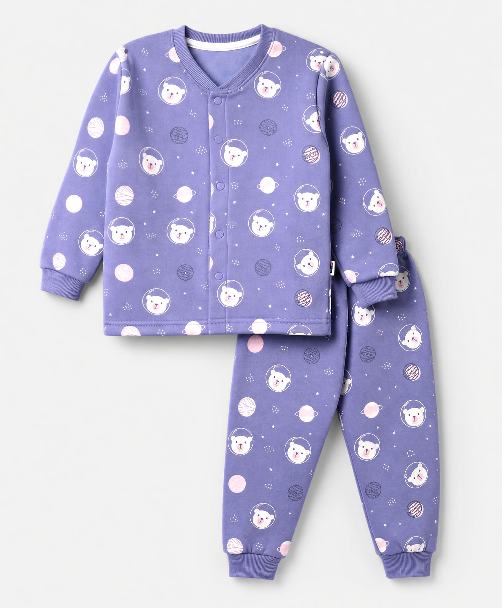 Teddy Fleece Knit Full Sleeves Co-Ords T-Shirt & Pyjama Winter Wear Night Suit with Bear & Space Theme Print - Purple-picture-3