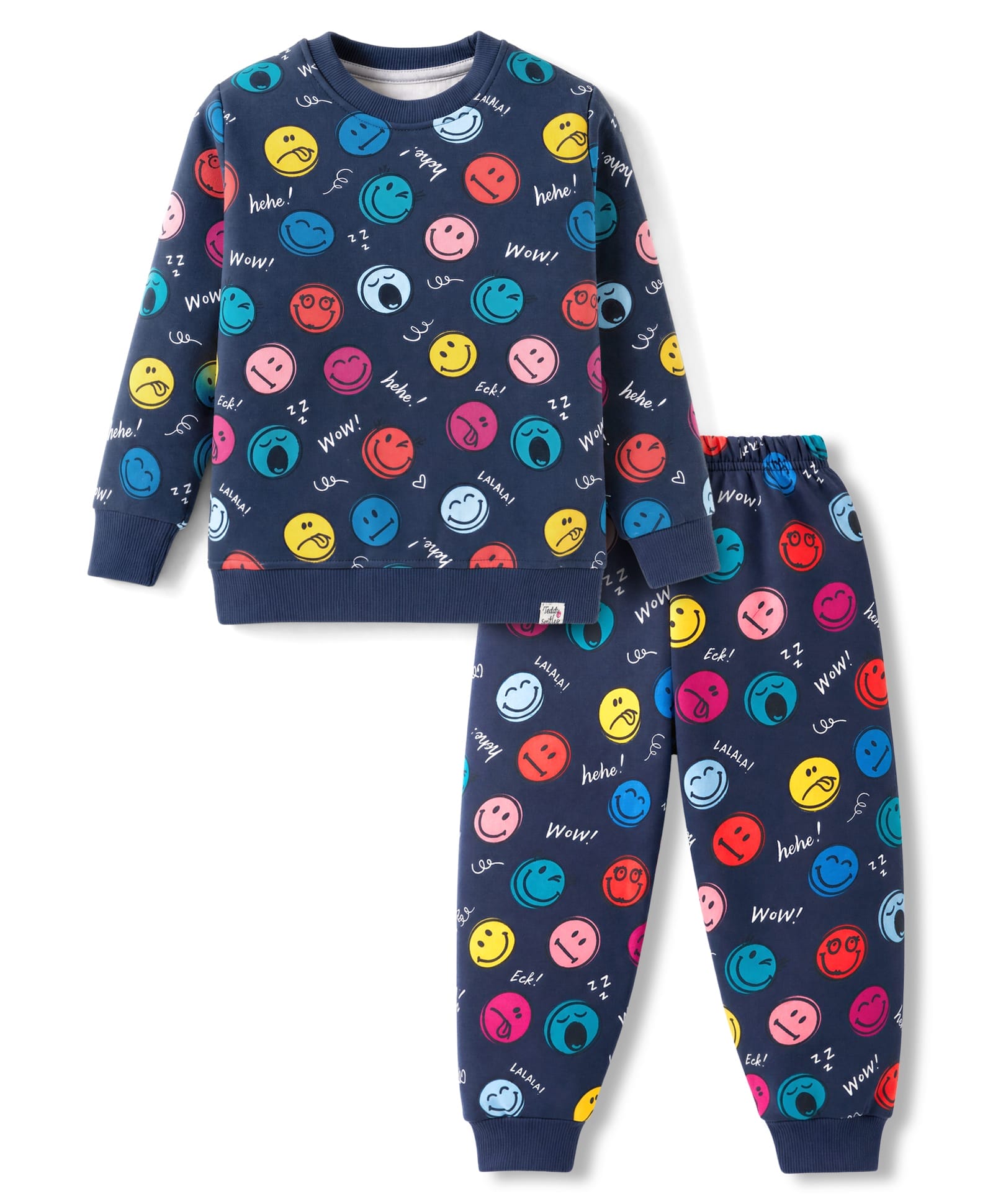 Teddy Fleece Knit Full Sleeves Co-Ords T-Shirt & Pyjama Winter Wear Night Suit with Smiley Print - Navy Blue-picture-1