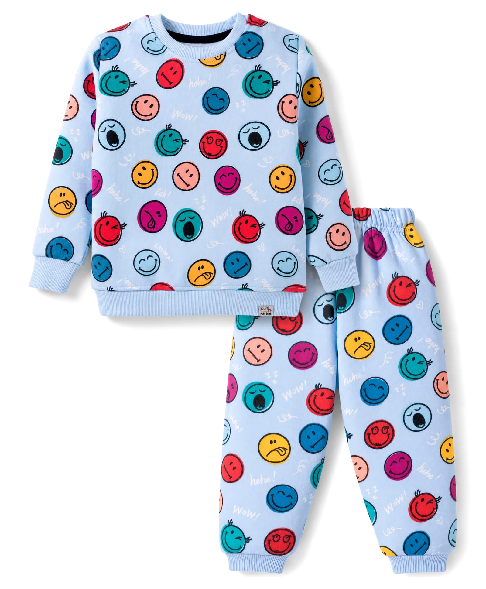Teddy Fleece Knit Full Sleeves Co-Ords T-Shirt & Pyjama Winter Wear Night Suit with Smiley Print - Sky Blue-picture-13