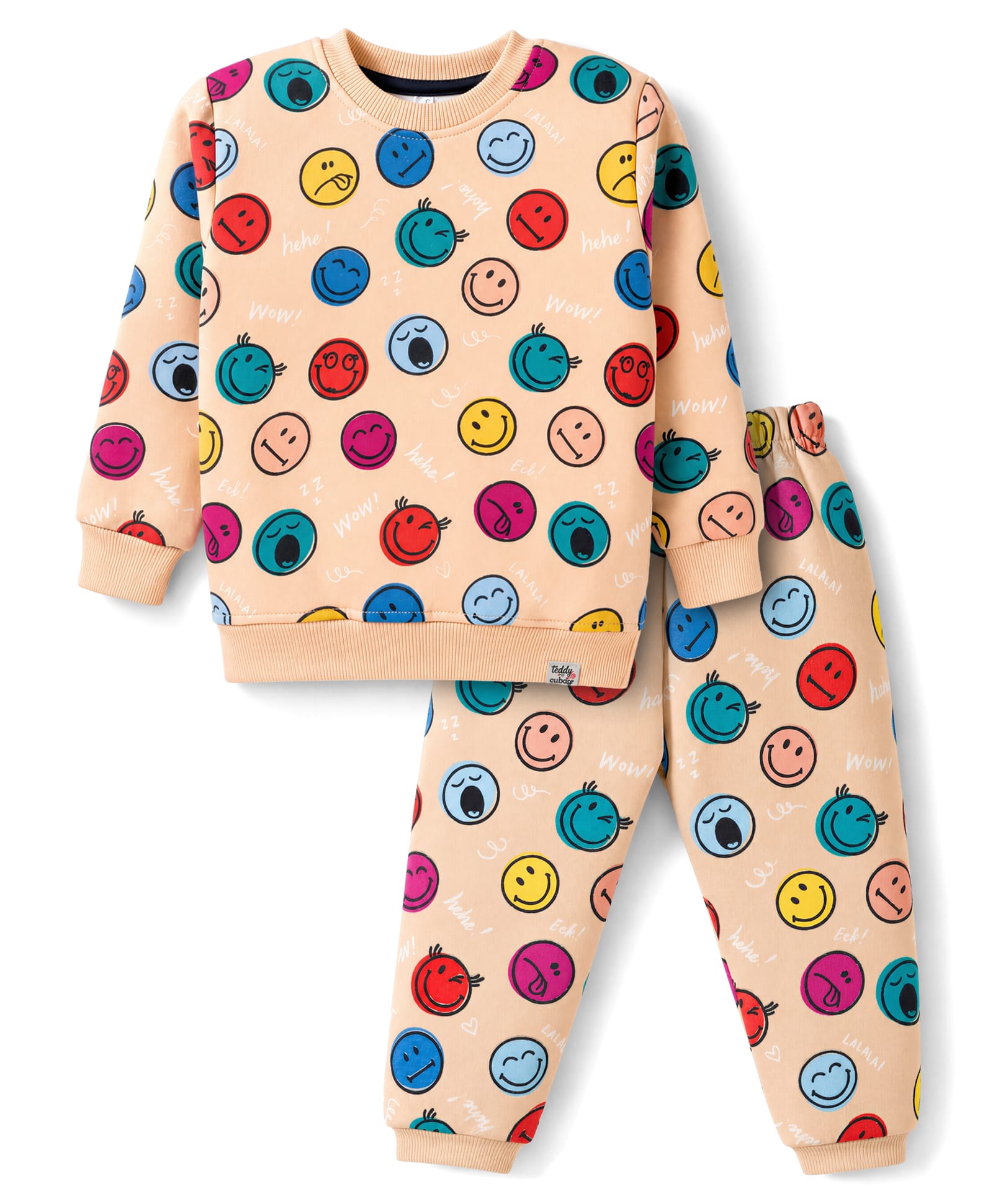 Teddy Fleece Knit Full Sleeves Co-Ords T-Shirt & Pyjama Winter Wear Night Suit with Smiley Print - Yellow-picture-18
