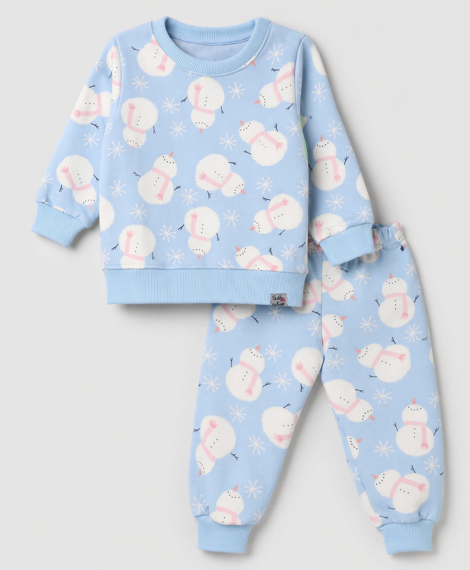 Teddy Fleece Knit Full Sleeves Co-Ords T-Shirt & Pyjama Winter Wear Night Suit with Snowman Print - Sky Blue-picture-18