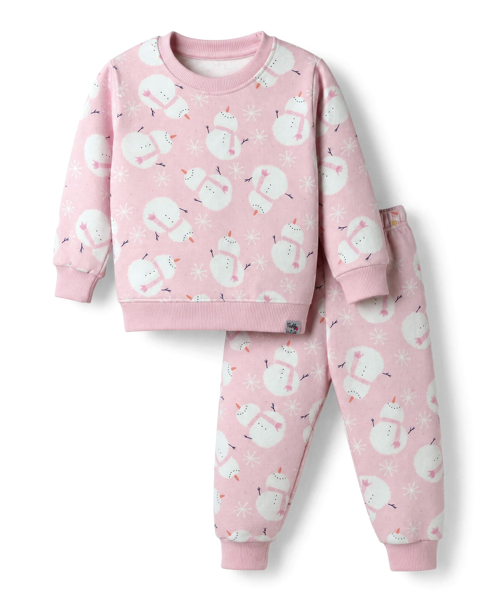 Teddy Fleece Knit Full Sleeves Co-Ords T-Shirt & Pyjama Winter Wear Night Suit with Snowman Print - Pink-picture-14