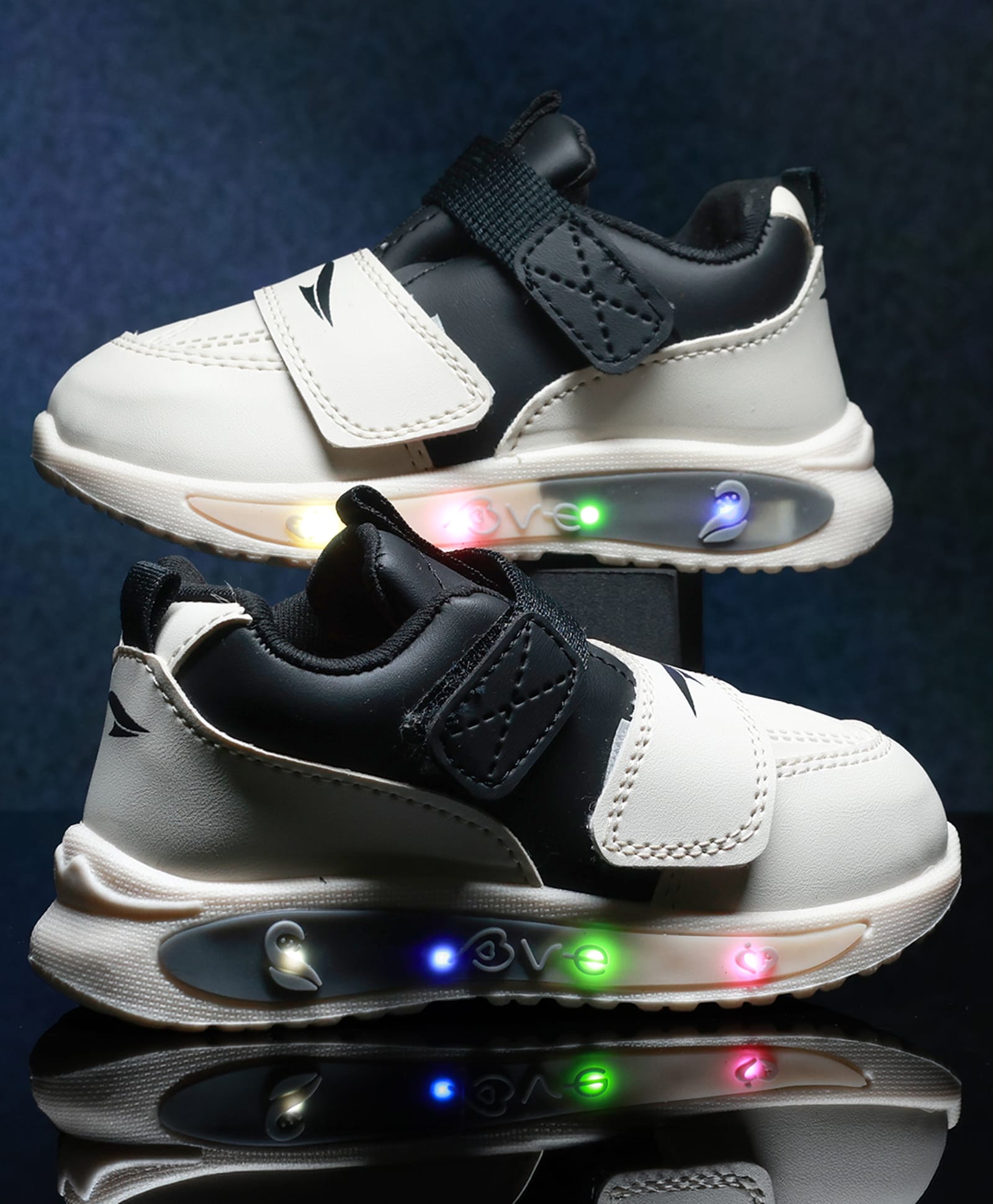 asian Colour Blocked Velcro Closure LED Shoes - Cream & Black-picture-16