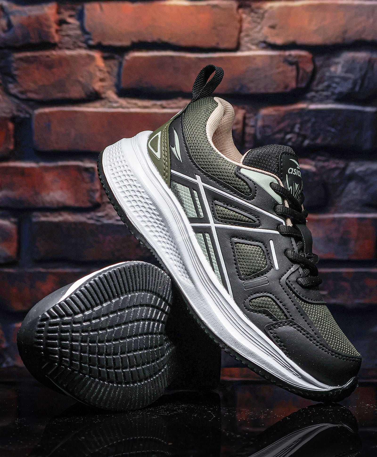 asian colour blocked lace up shoes - black & olive
