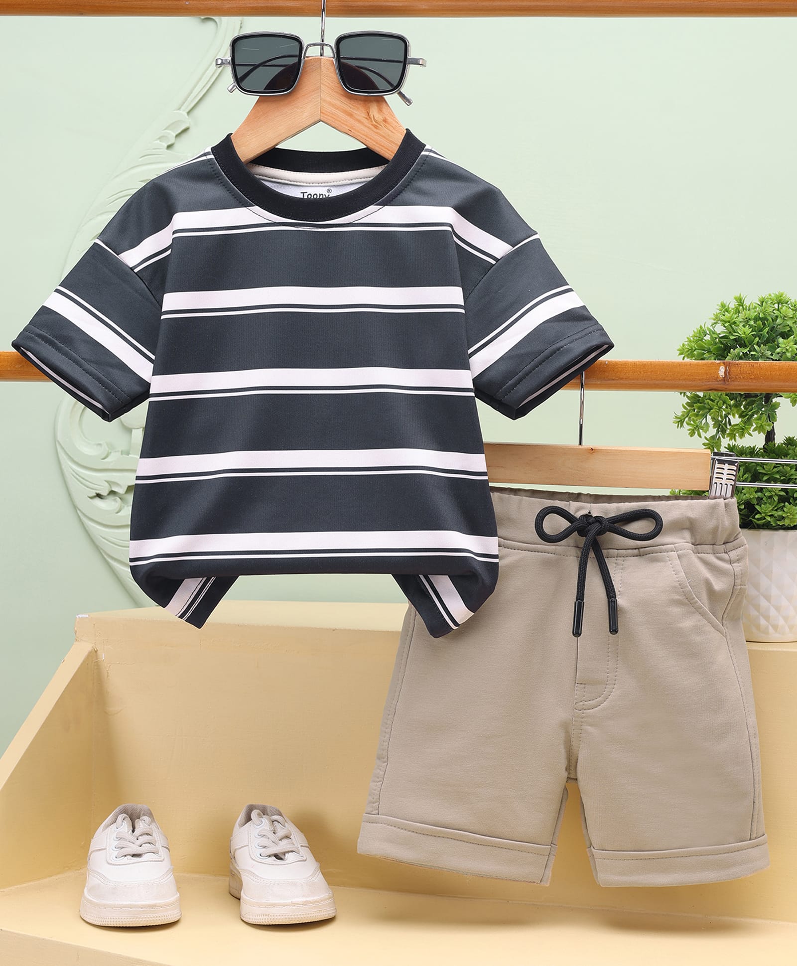 TOONYPORT Cotton Knit Half Sleeves Striped Tee & Shorts Set - Black-image-26