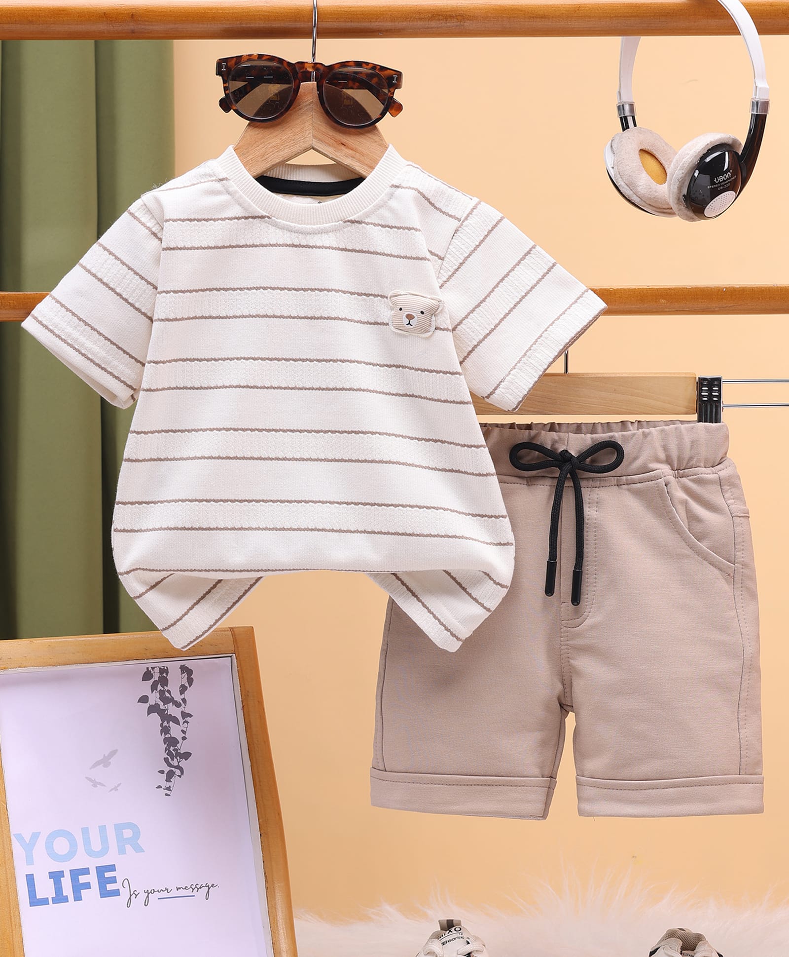 TOONYPORT Cotton Knit Half Sleeves Striped & Animal Patch Detailed Tee & Shorts Set - Cream-image-30