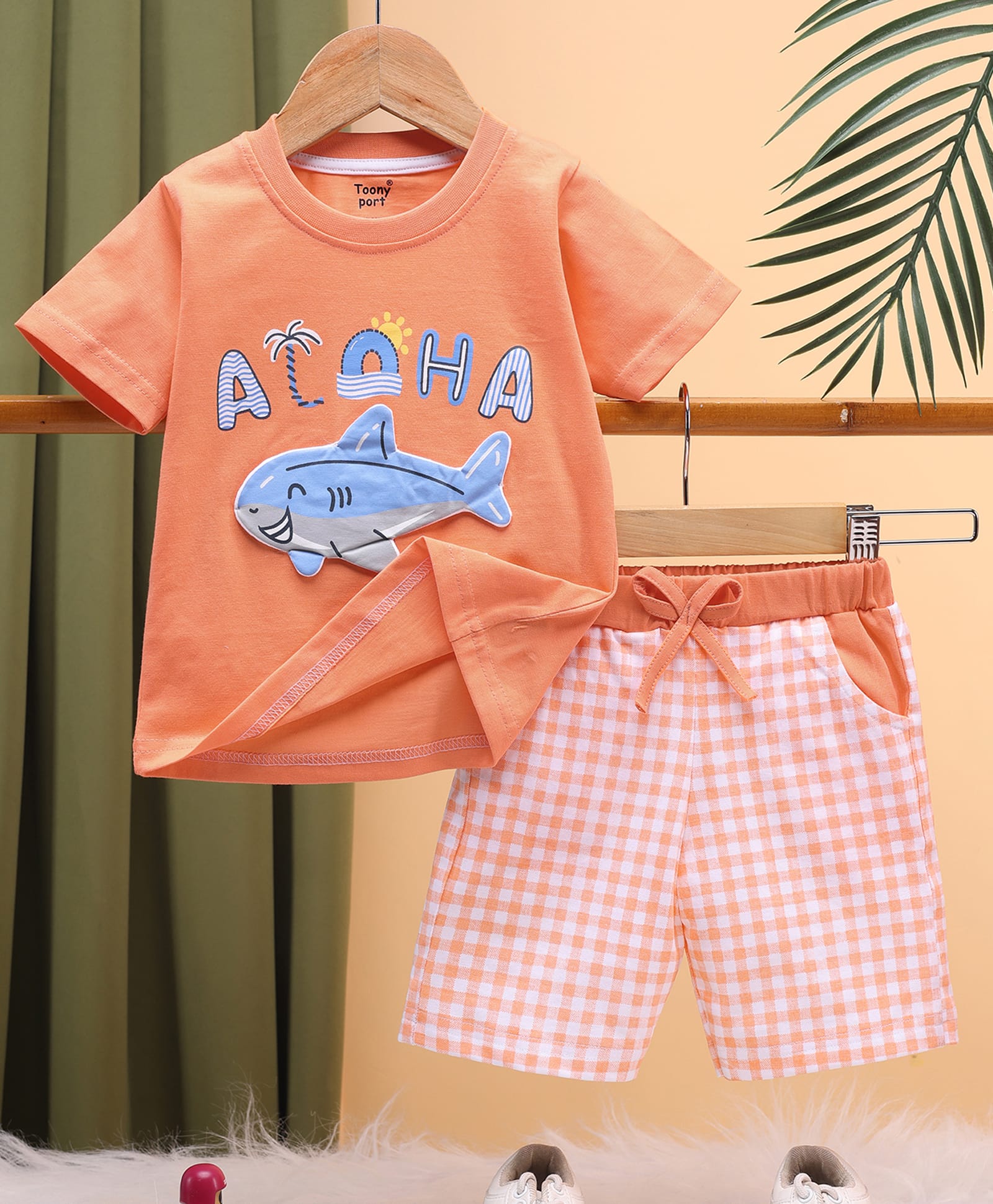 TOONYPORT Cotton Knit Half Sleeves Aloha Text Embroidered Tee & Shorts Set - Orange-image-40
