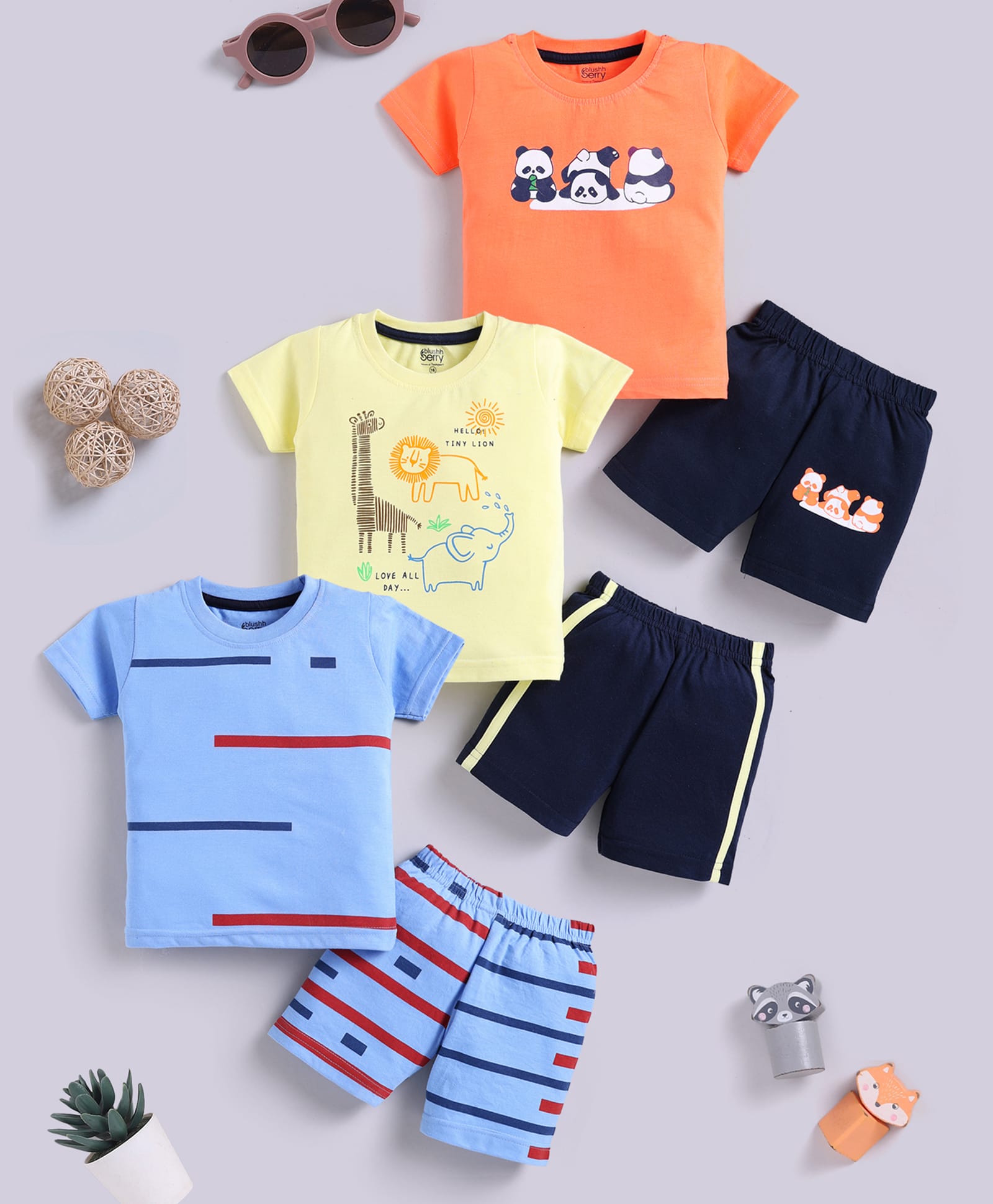 blushh berry Cotton Knit Pack Of 3 Half Sleeves Animals Printed Tees & Shorts Set - Orange Yellow & Blue-image-47